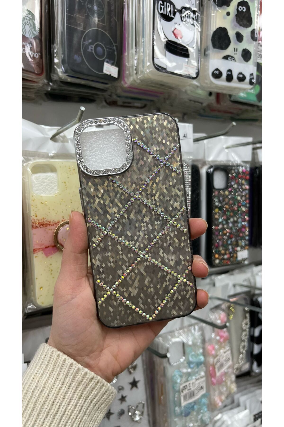 TECNOTREND Apple iPhone 13-14 uyumlu Parlak Taşlı Baklava Desen Parıltılı Lux Kılıf Kapak