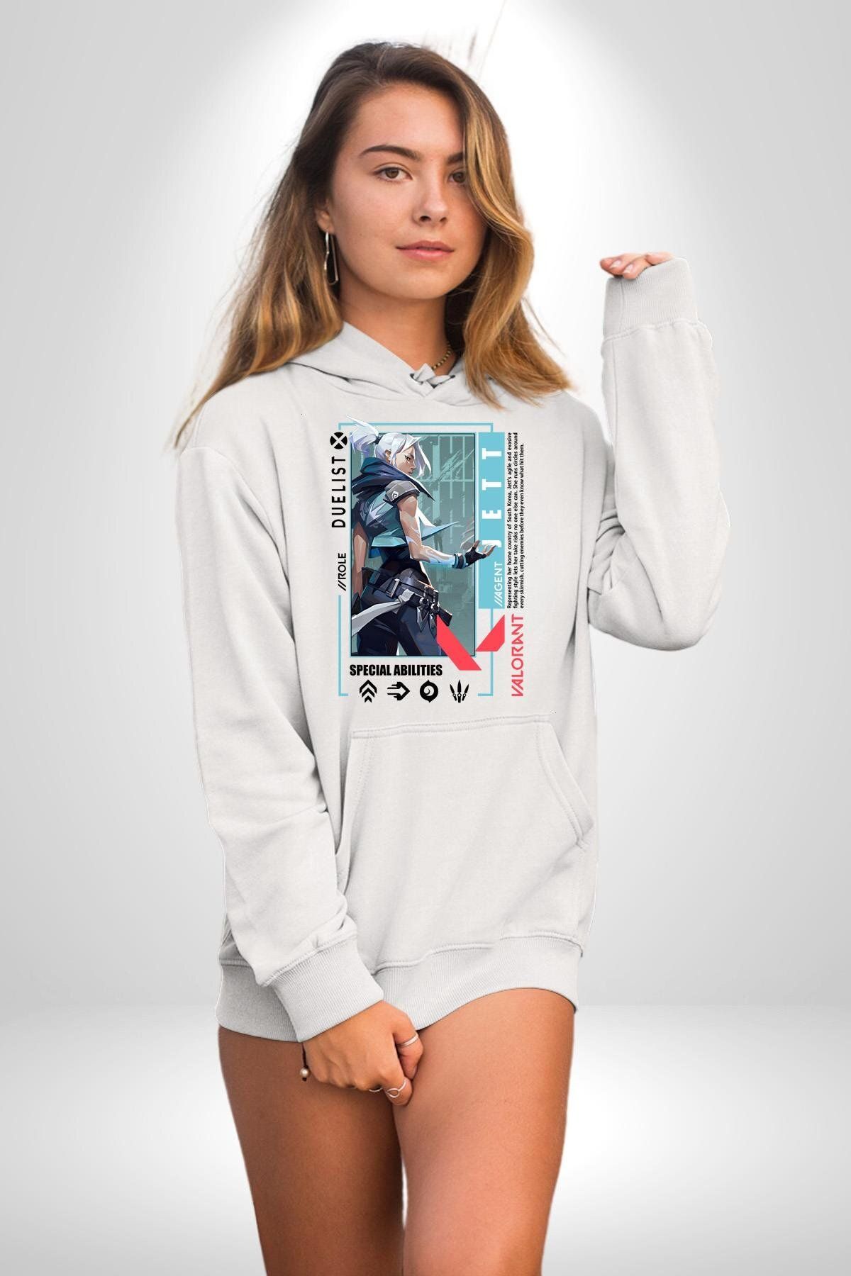 Soufeel Jett Düellocu Karakter Kadın Erkek Baskılı Üç İplik Beyaz Kapüşonlu Hodie Sweatshirt