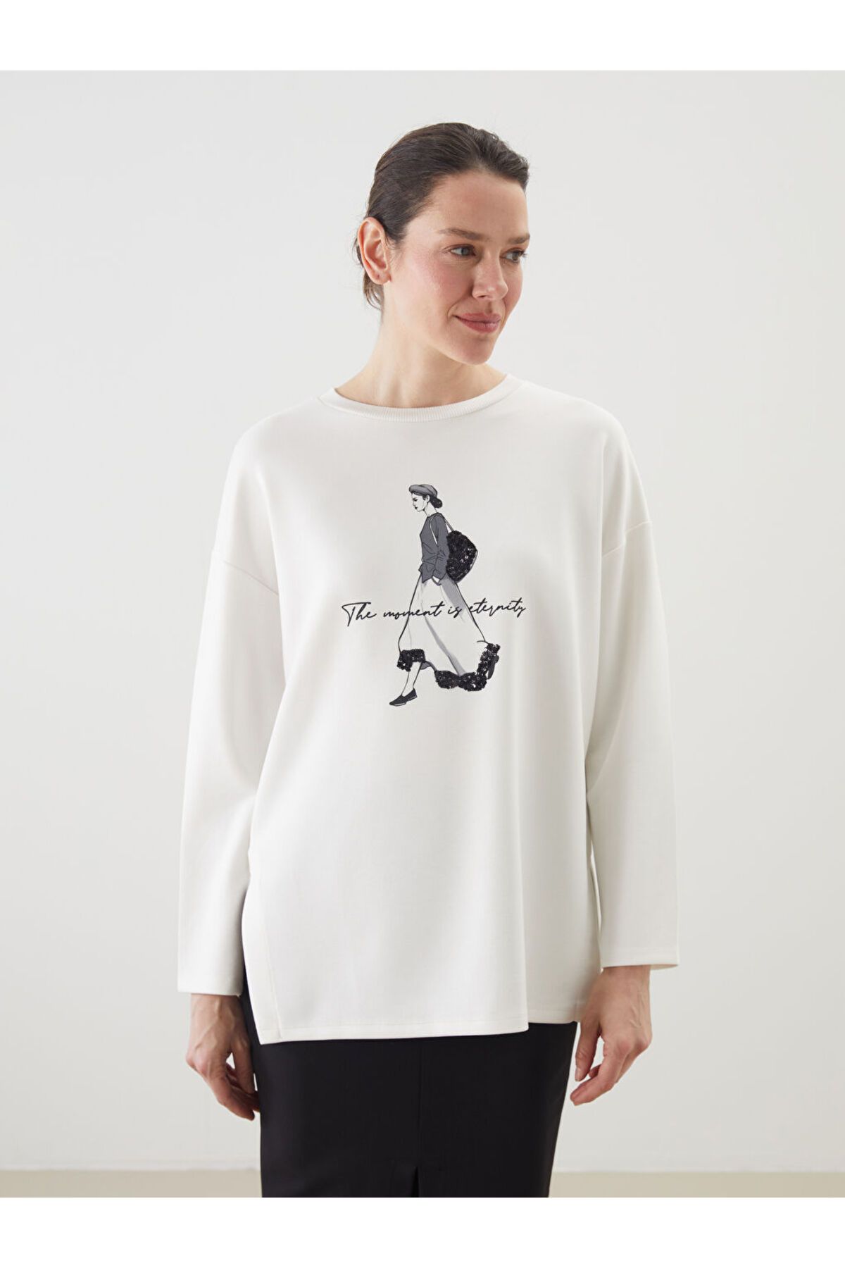LC Waikiki Bisiklet Yaka Baskılı Oversize Kadın Sweatshirt Tunik