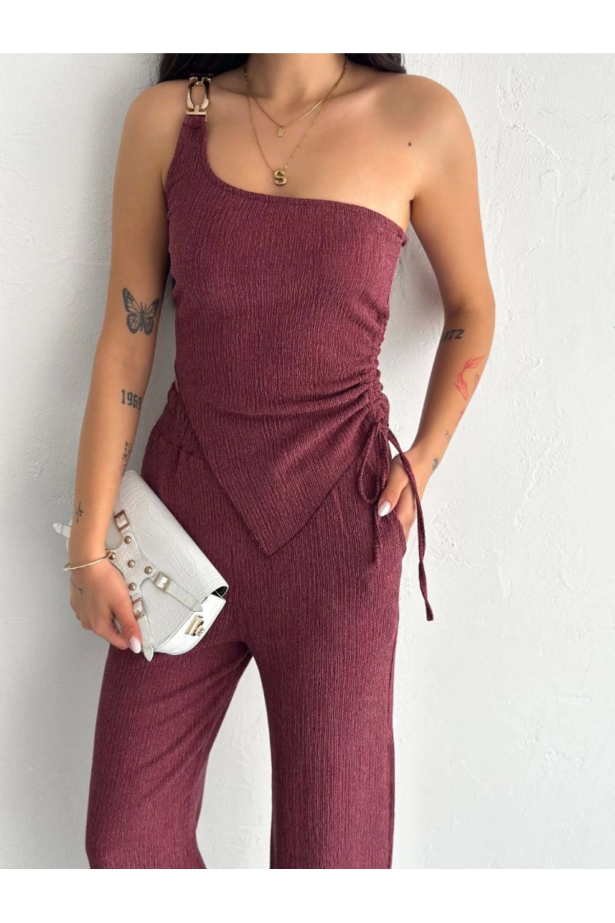 Albayrak Asimetrik Crop Pantalon Ikili Takım - Gül Kurusu