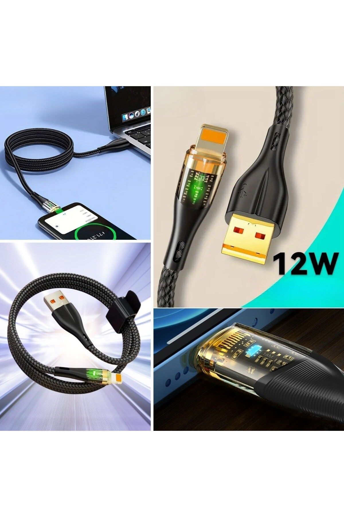 TimeStart Led Işık Uçlu Sağlam İp Kablolu USB to Lightning Hızlı Şarj Kablosu