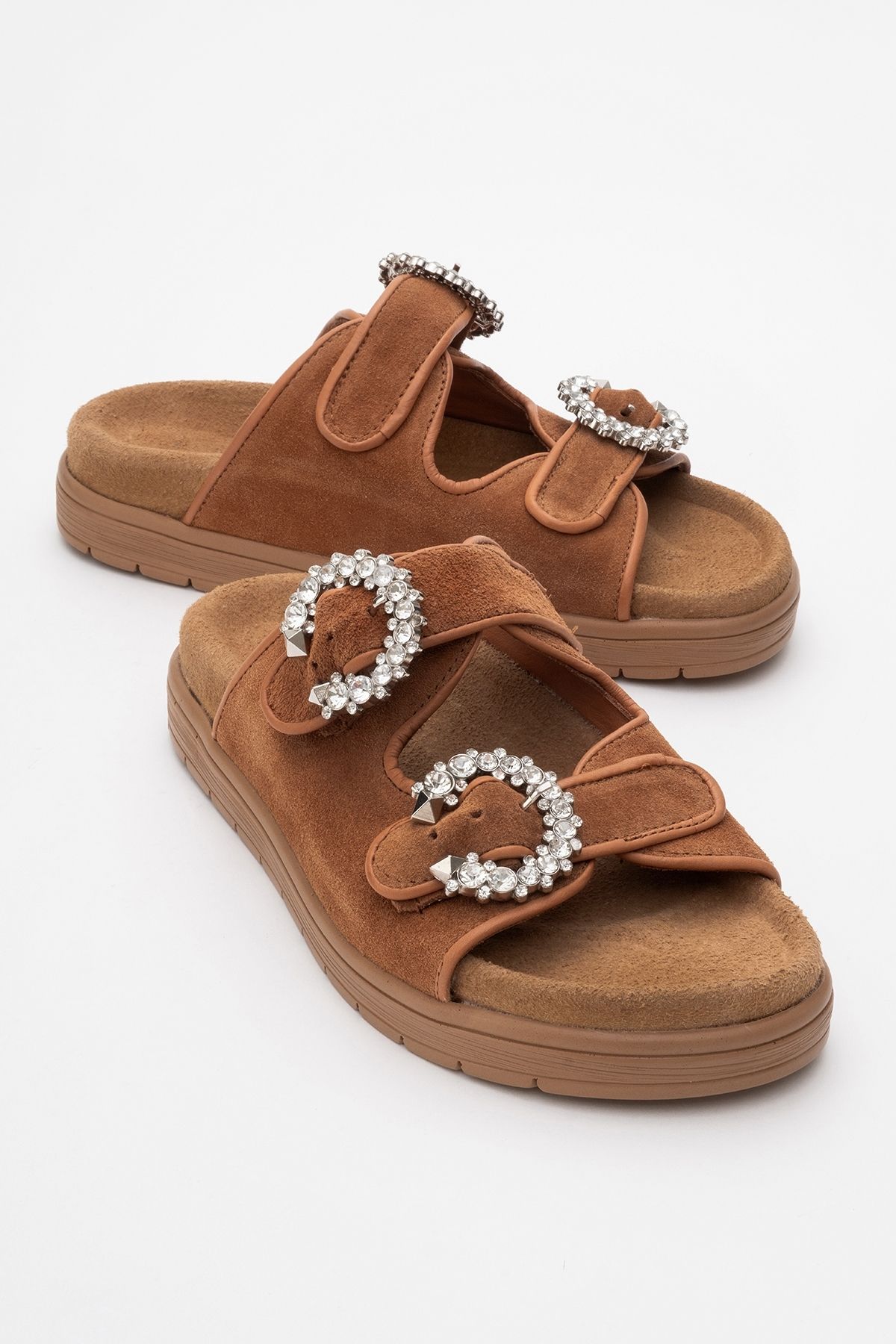 دمپایی زنانه دو بند سنگ چرم طبیعی جیر قهوه ای MORELİA luvishoes
