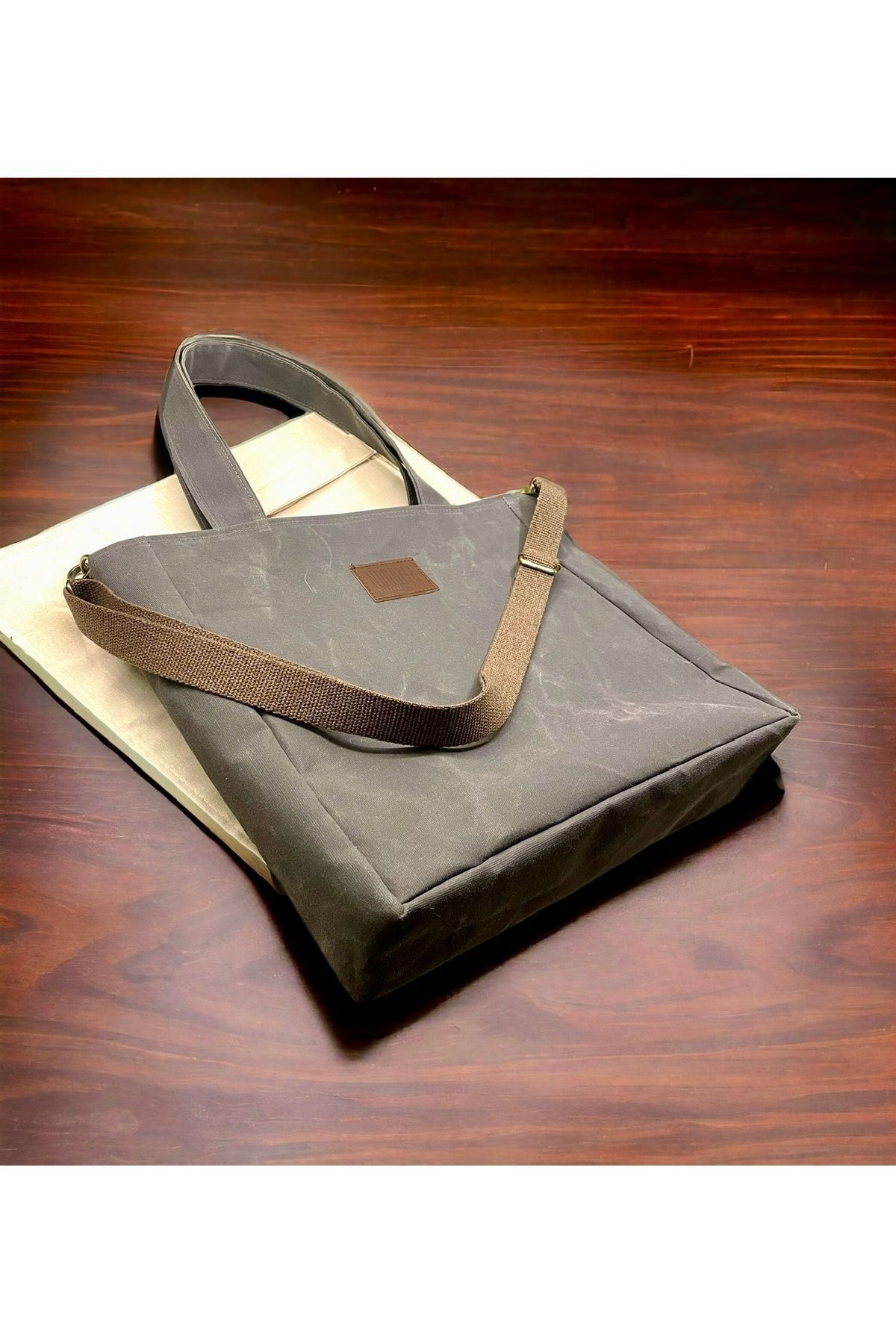 Nuggita-Strap Shoulder Bag - Anthracite Waxed Canvas Vertical Satchel 3