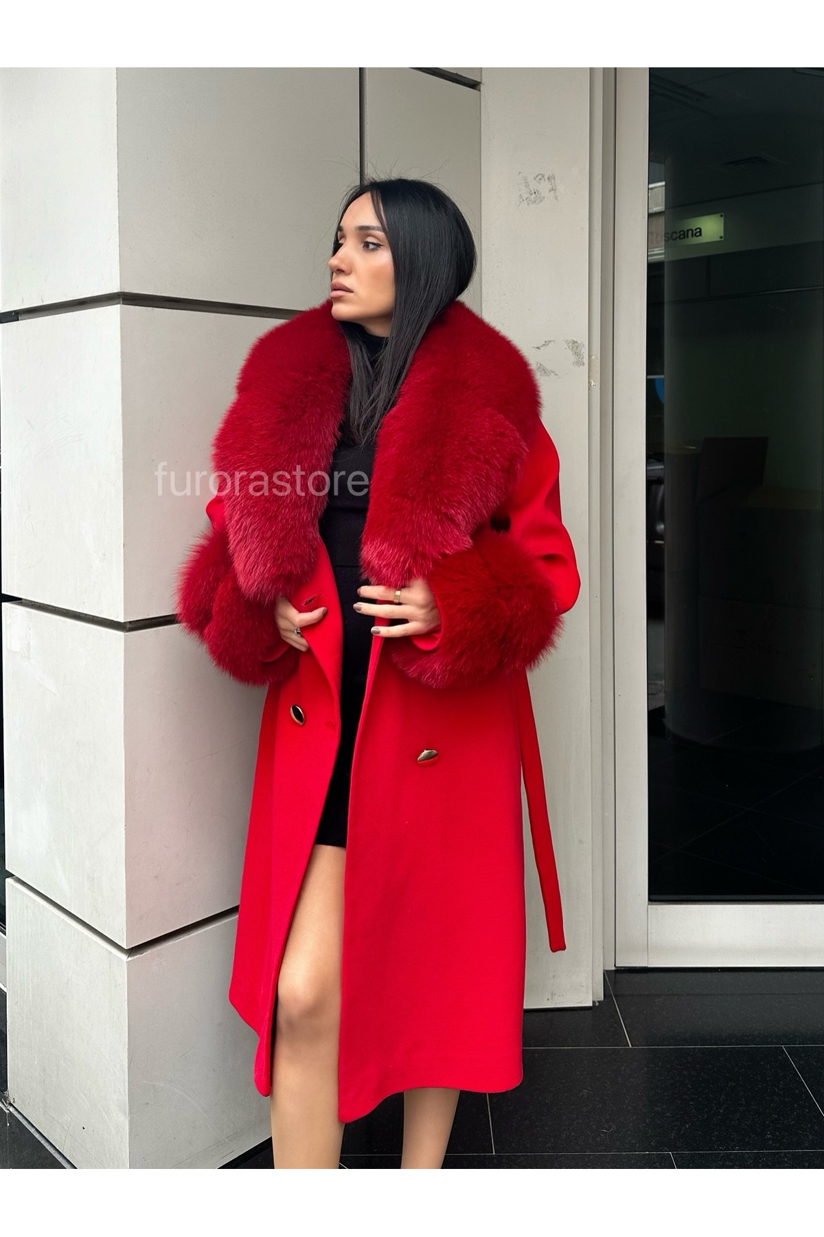 Furora Store  Kaşmir Kadın Palto- Kürklü Kaşmir Ceket- Uzun kadın Kürklü Ceket - Görsel 4