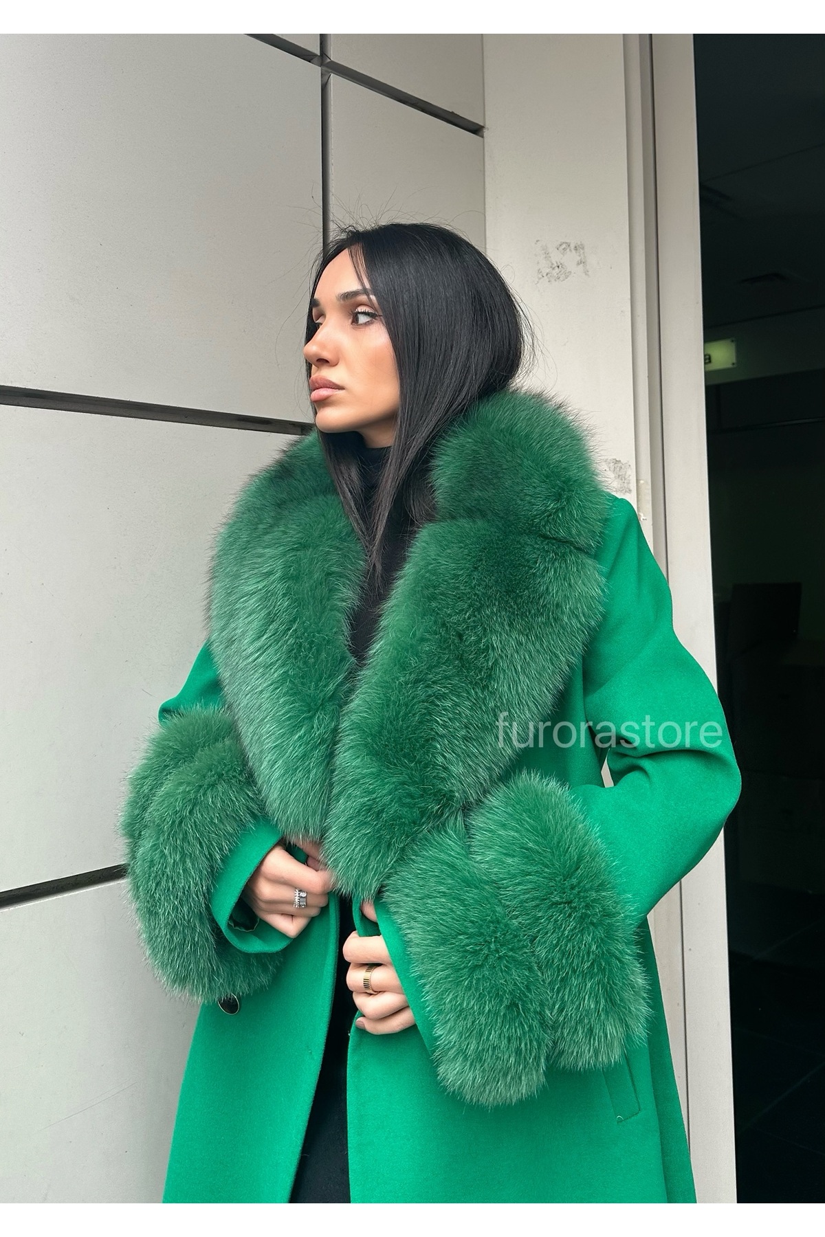 Furora Store Kaşmir Kadın Palto- Kürklü Kaşmir Ceket- Uzun kadın Kürklü Ceket görsel 5