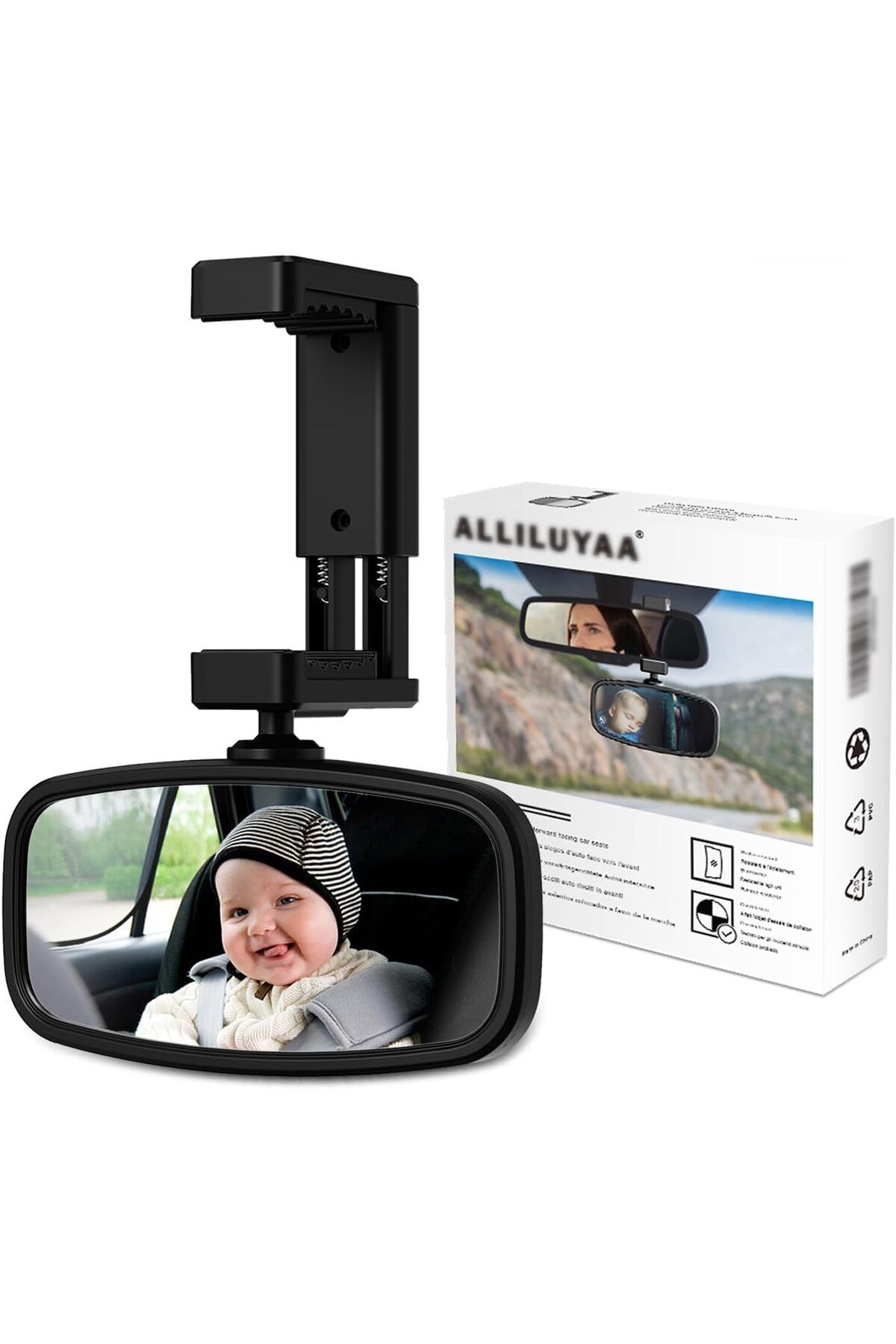 ALLILUYAA Bebek Dikiz Aynası, Yaylı Klipsli, 360° Döndürülebilir, Kırılmaz Cam