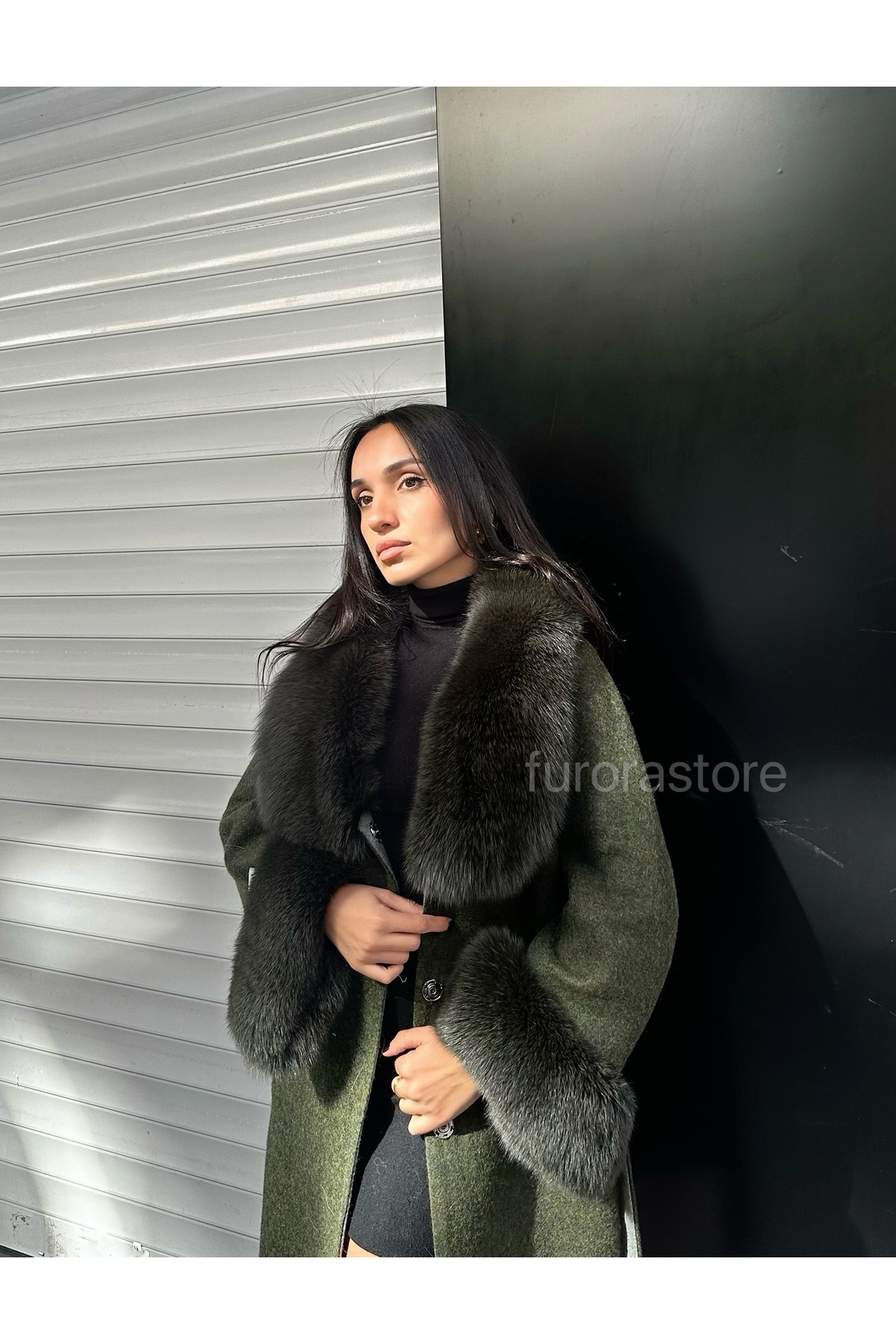 Furora Store  Kadın Alpaka ceket- %100 alpaka ve Kürklü Kadın ceket- Kuşaklı Palto - Görsel 2