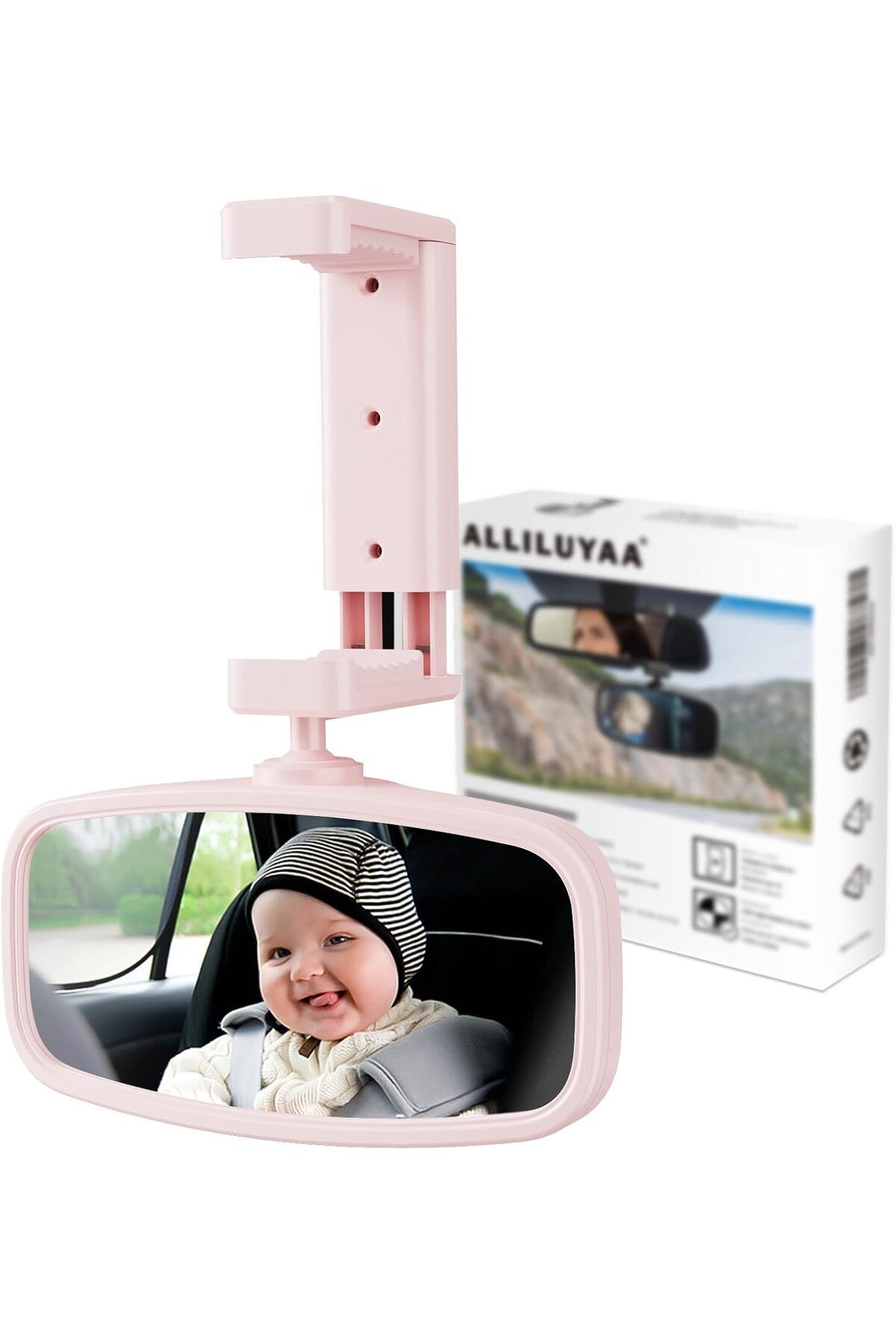 ALLILUYAA Bebek Araba Dikiz Aynası, Pembe, 360° Döndürülebilir, Yaylı Klipsli