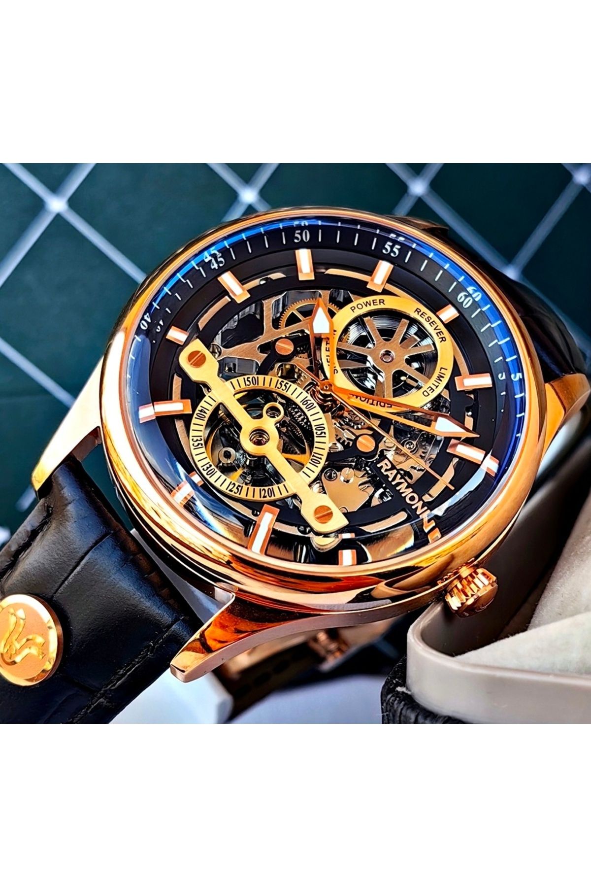 Raymond-Black Skeleton Design Automatic Men's Wrist Watch 2