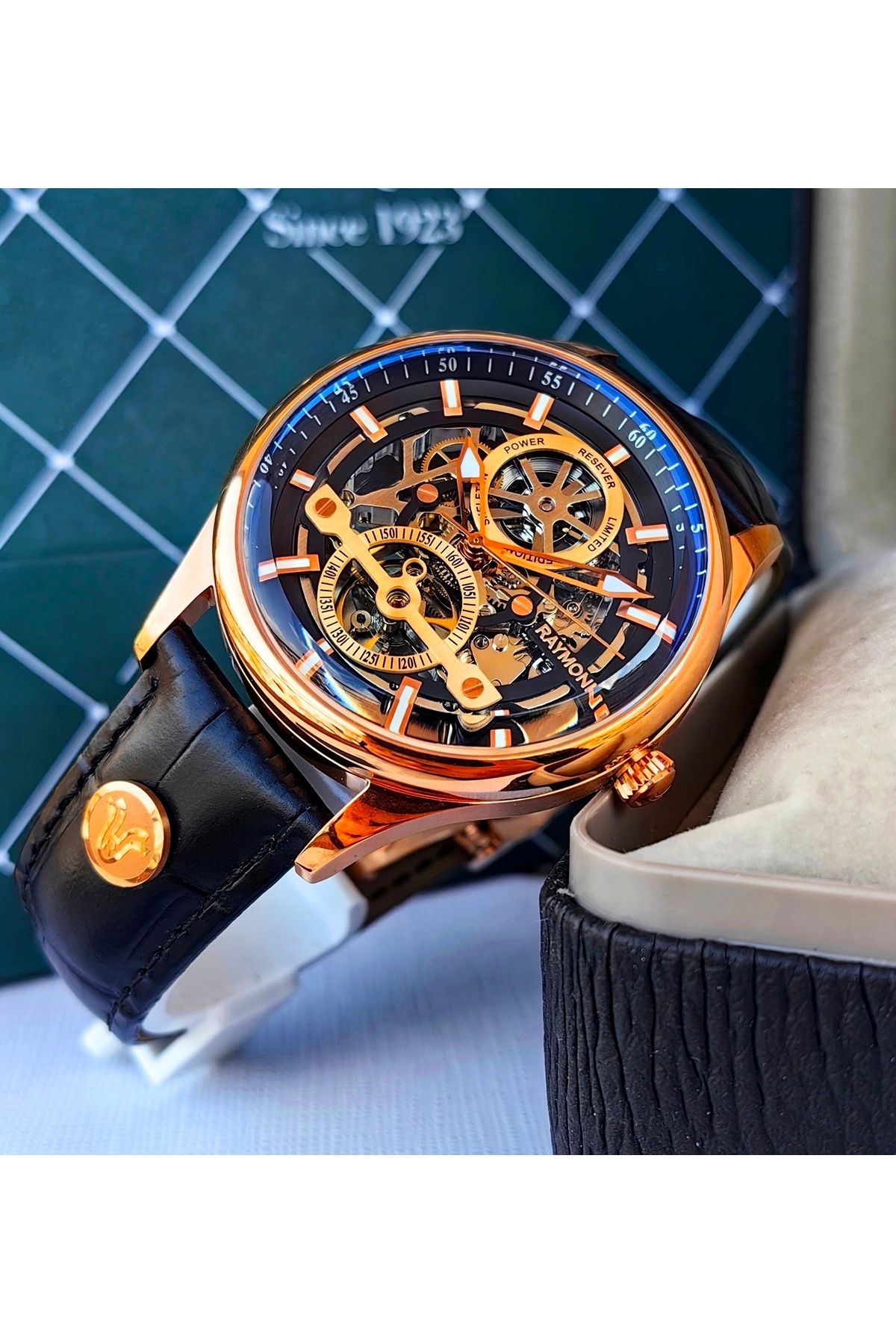 Raymond-Black Skeleton Design Automatic Men's Wrist Watch 5