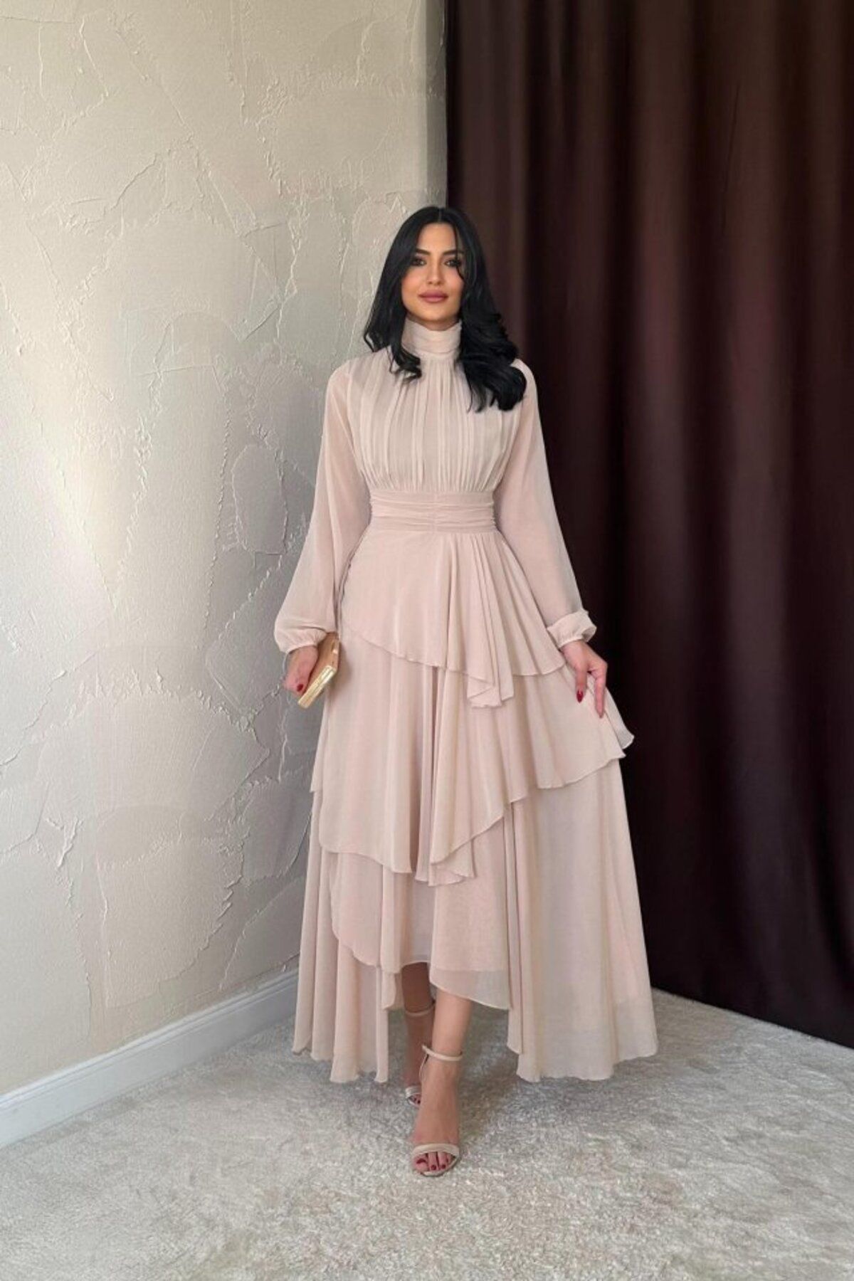 MRA Fashion Bej Bel Detaylı Elbise