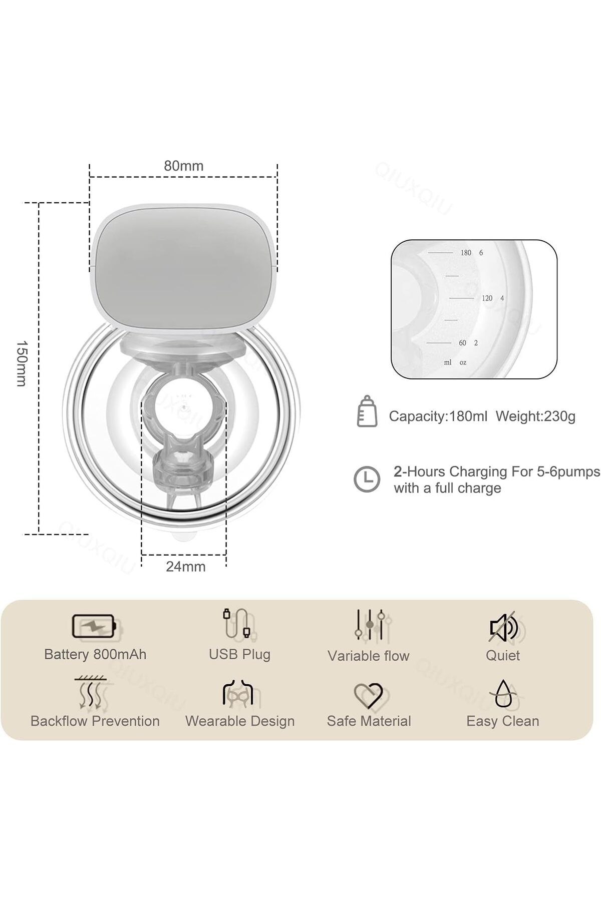 Yelajoy-Wearable Breast Pumps, Quiet,with 2 Mode & 5 Levels USB Rechargeable Battery 7