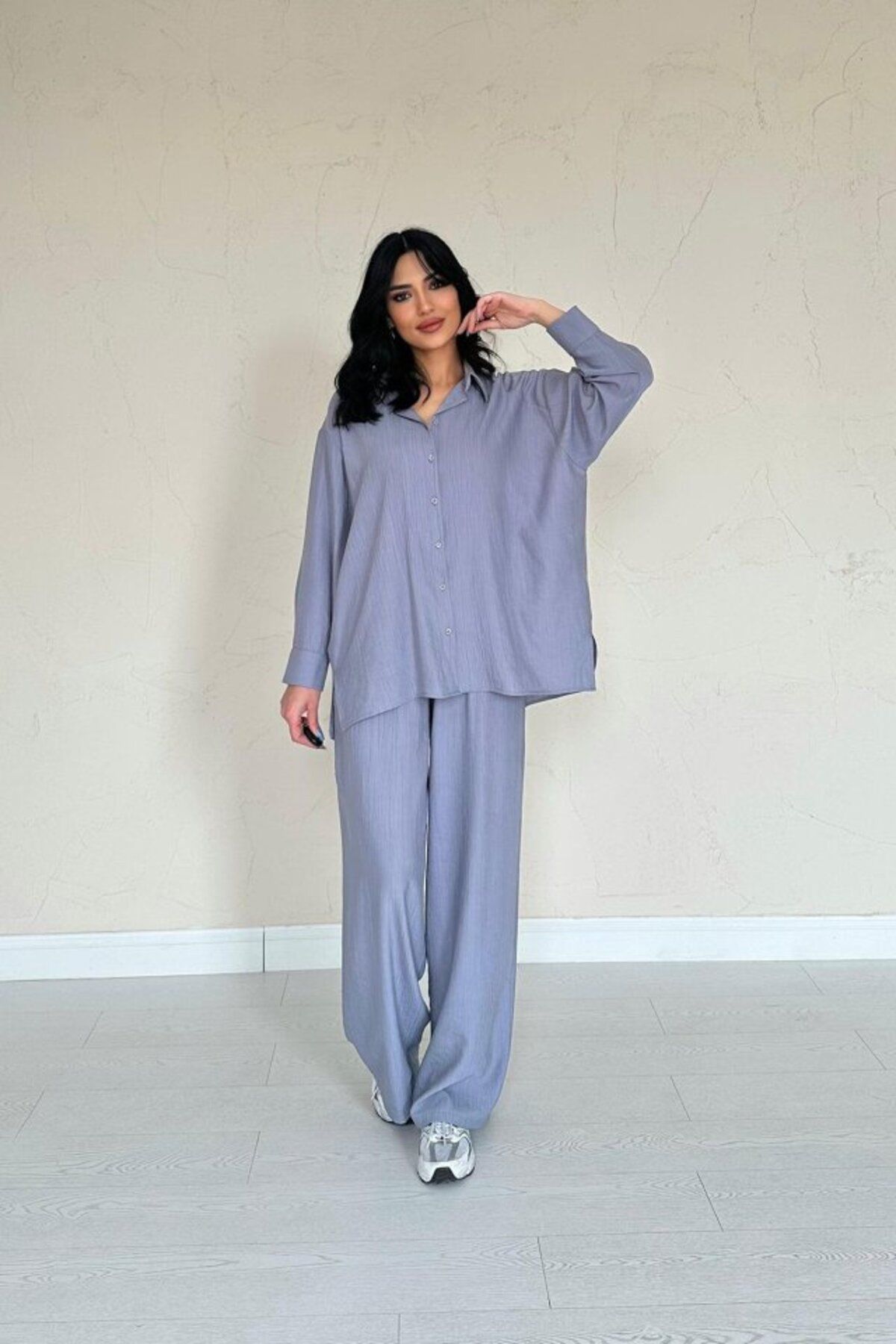 MRA Fashion Gri Alice Gömlek Ve Bol Kesim Pantolon Takım