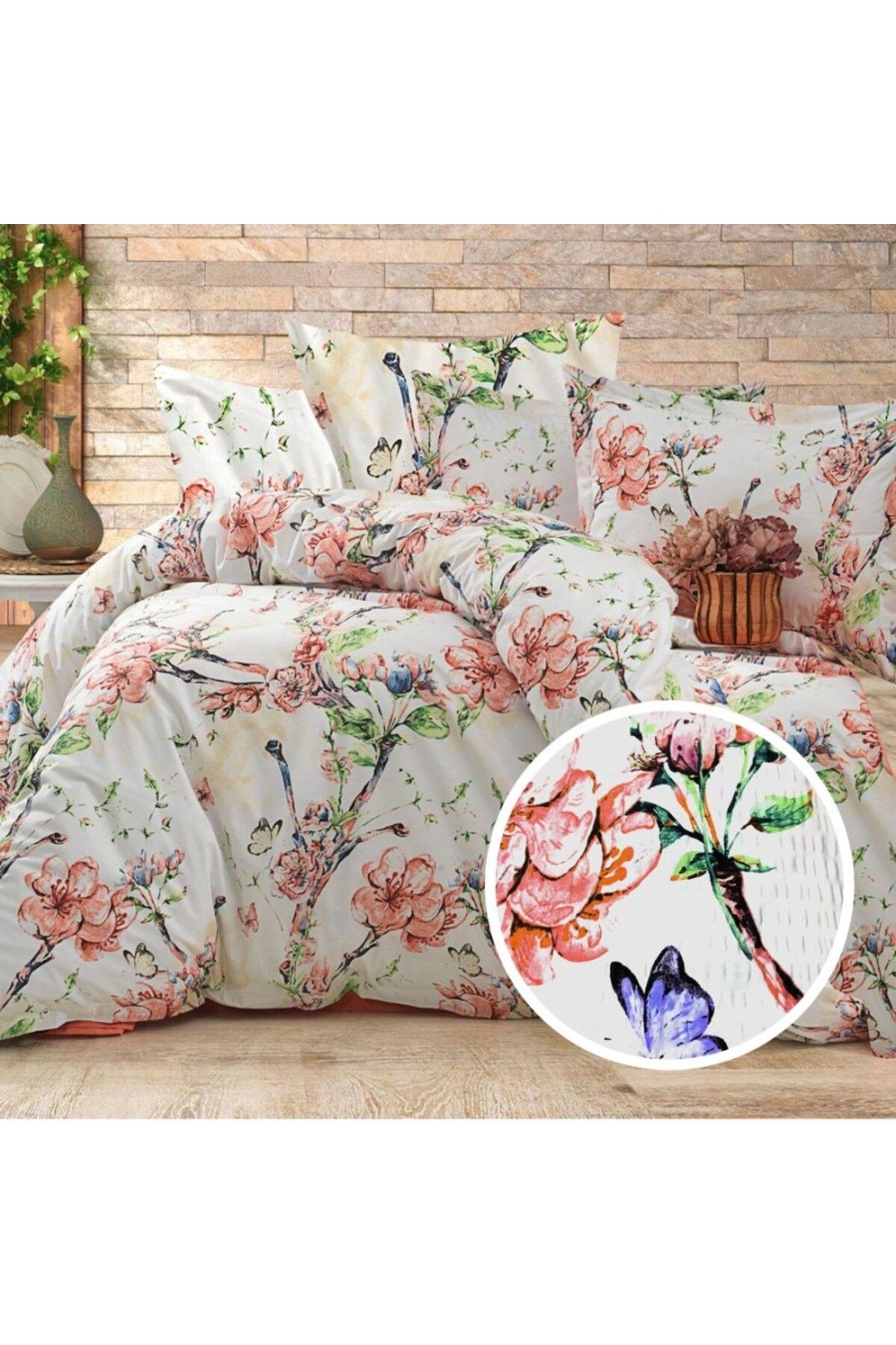 Pucioasa Lenjerie Pat Dublu Creponata Cu Cearceaf Pilota 180x220cm, Bumbac 100%,flori Cires Corai - 200 x 220