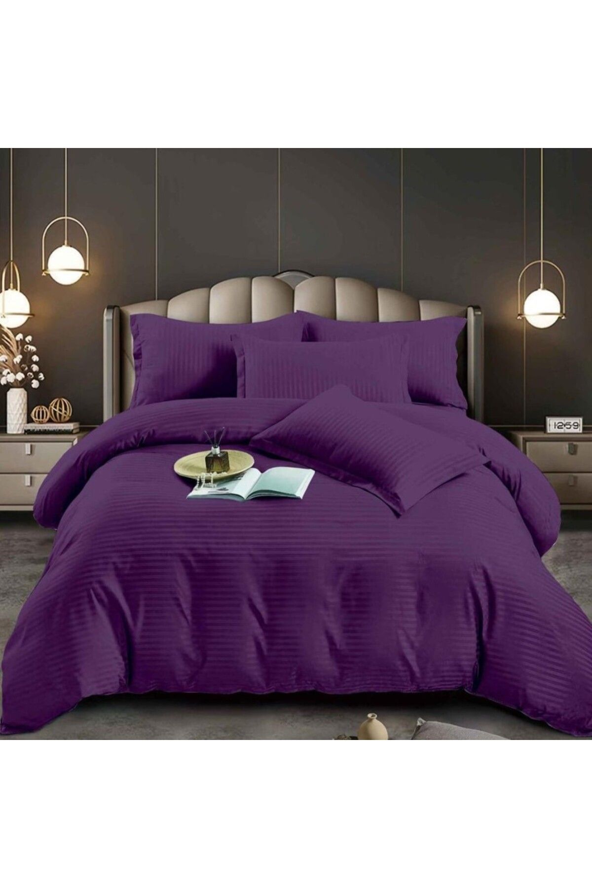 Pucioasa Lenjerie De Pat Dublu Din Damasc Policoton, Husa Cu Elastic, 6 Piese, Mov - 200 x 220