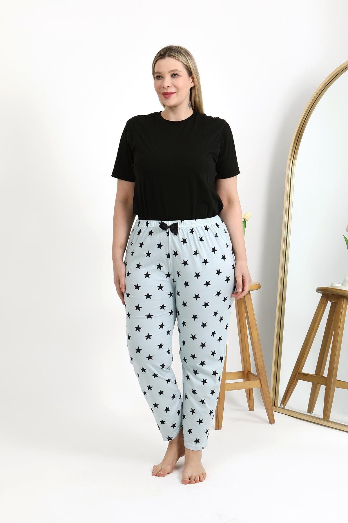 TechMerkez Kadın Pamuklu Büyük Beden Alt Pijama 27557 Buz Mavisi