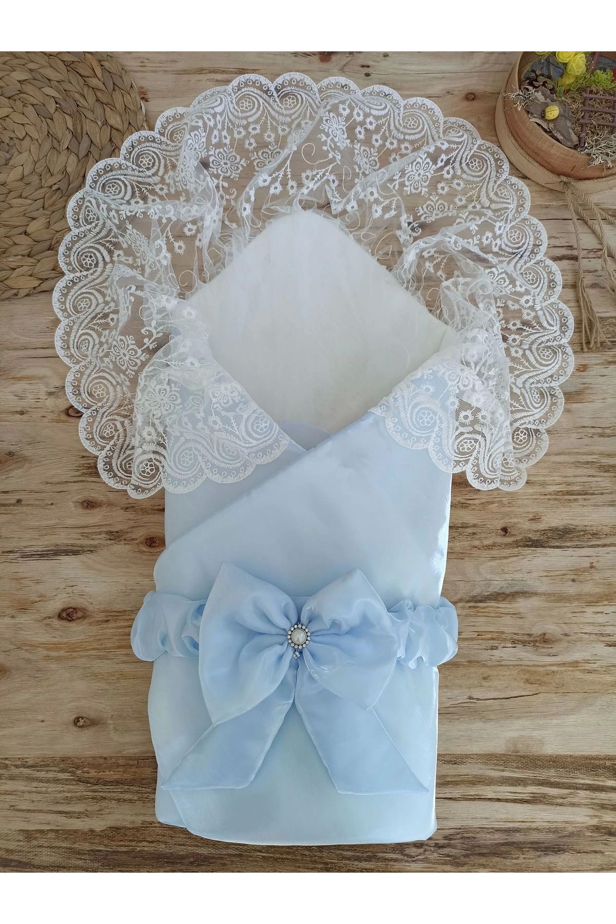 POLEXP Yenidoğan Kumru İnci Fiyonk Kristal Parlak Duvaklı Kundak Bebek Battaniyesi Mavi