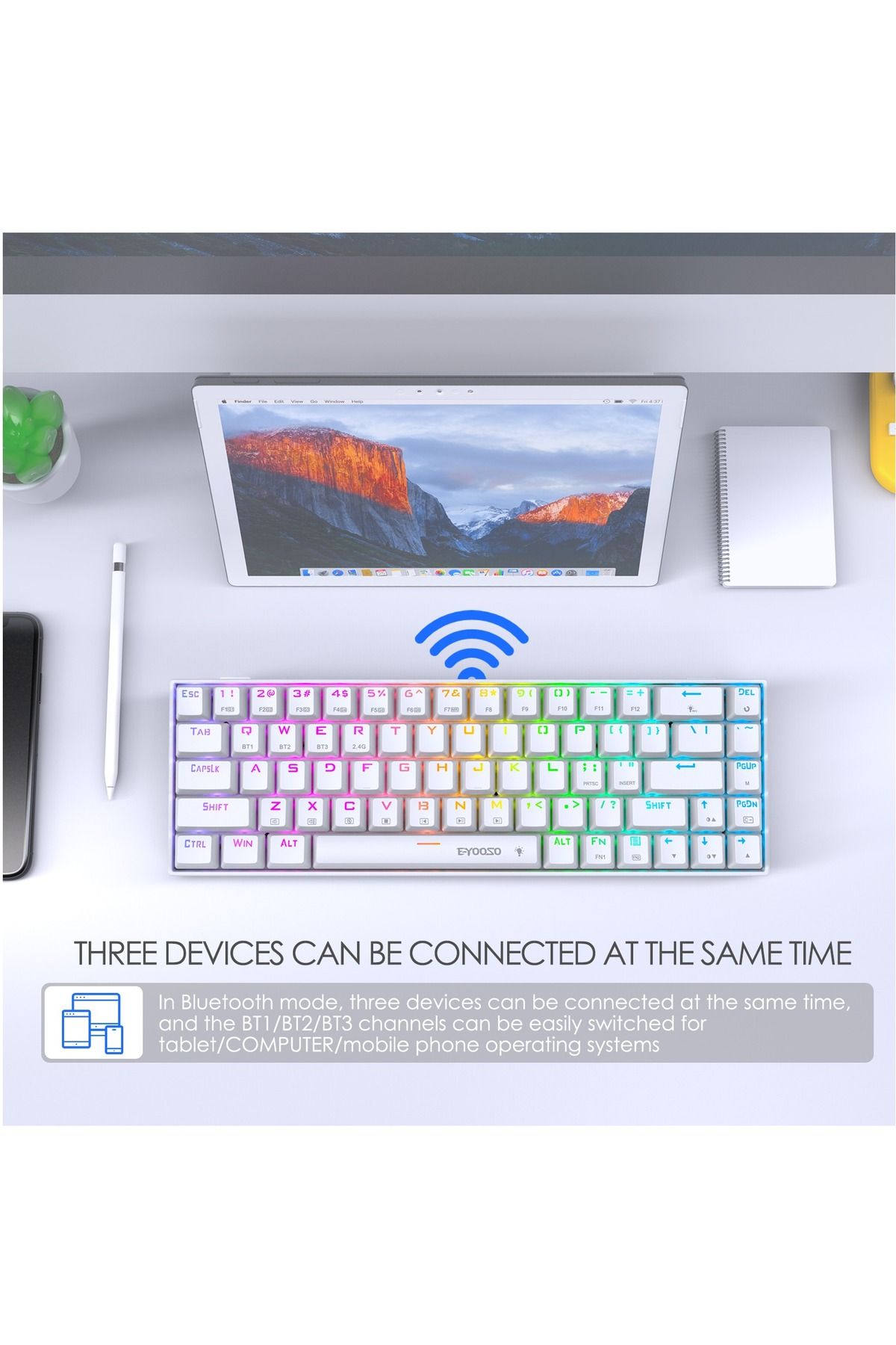 e-yooso-68 Keys 3 Modes Wireless Gaming Keyboard with RGB Backlit,Bluetooth/2.4G/USB-C Blue 7