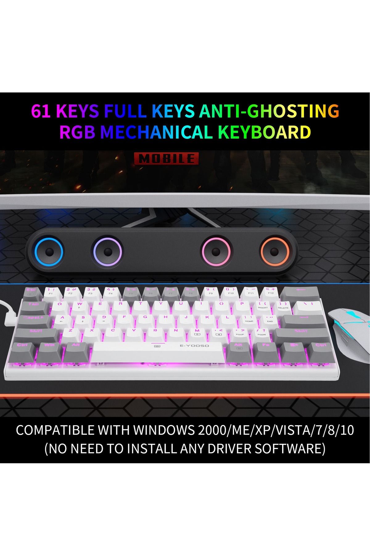 e-yooso-Z-11 61 Keys Mechanical Gaming Keyboard,Blue Switch 60% Wired Compact Keyboard 5