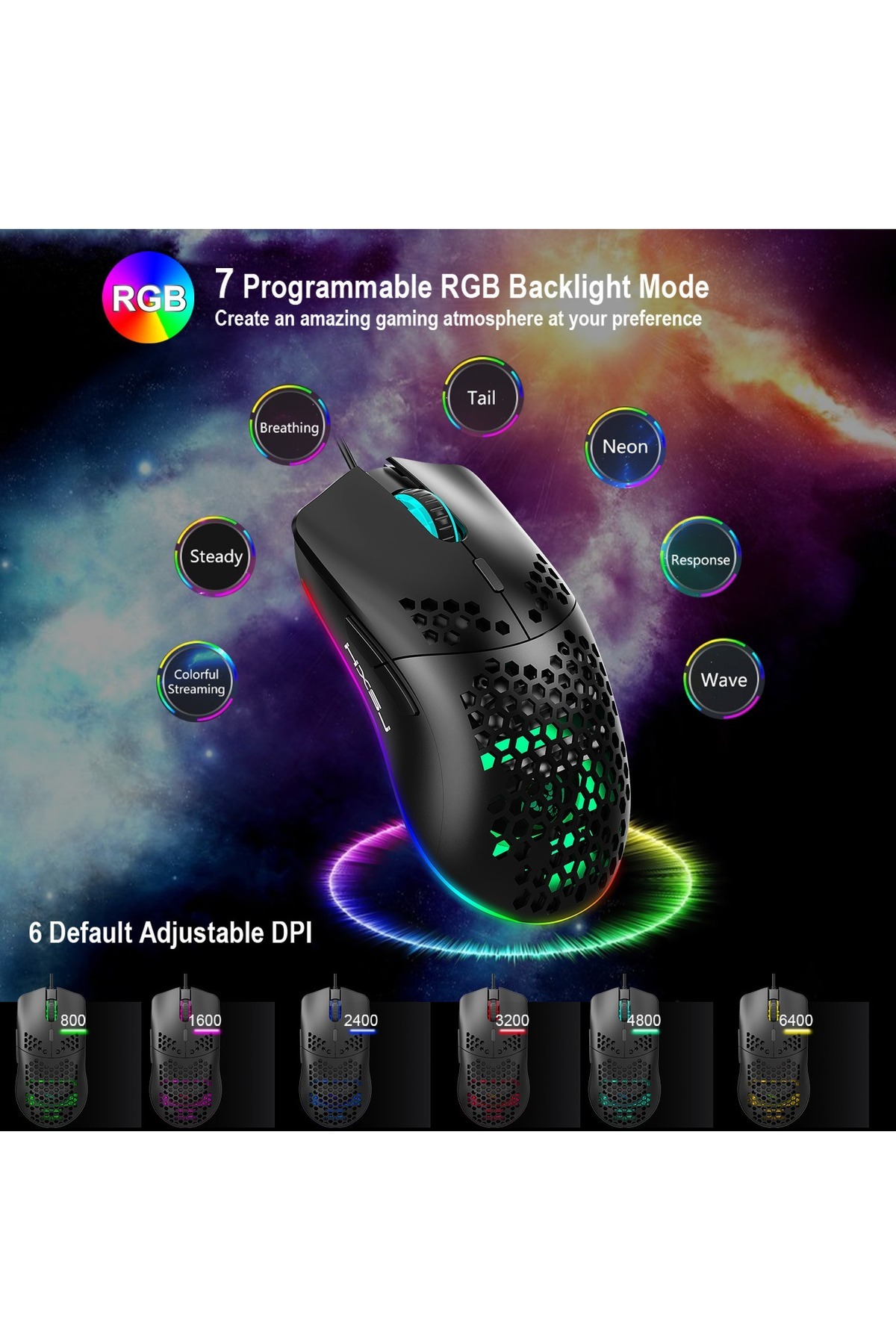 HXSJ-مجموعة لوحة مفاتيح الألعاب السلكية V700 ذات 61 مفتاحًا RGB وماوس الألعاب السلكي J900 USB 3