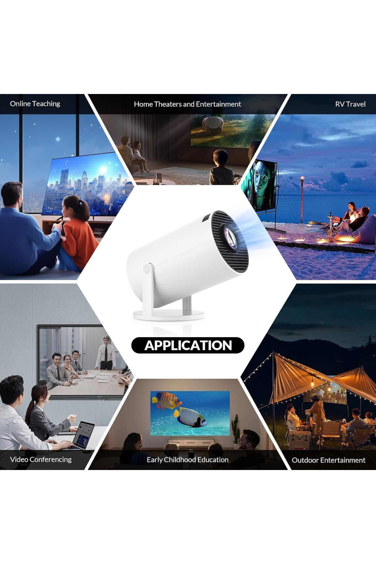 COOYA-جهاز عرض صغير يدعم دقة 4K، تصحيح أفقي تلقائي، جهاز عرض محمول قابل للدوران 180 درجة، أبيض 7