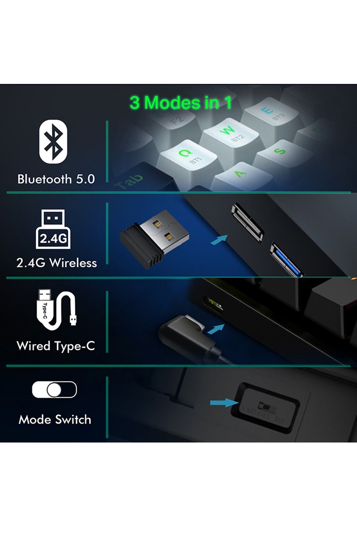 e-yooso-Z-11 3 Modes Wireless Mechanical Keyboard, Bluetooth/2.4G/USB-C 60% Portable Rechargeable 3