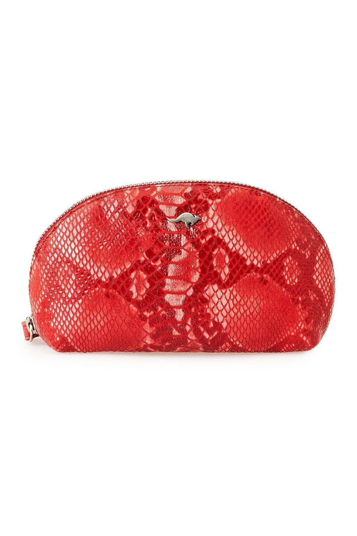 Deriderim-Red Zippered Portable Mirrored Python Print Genuine Leather Handbag 4