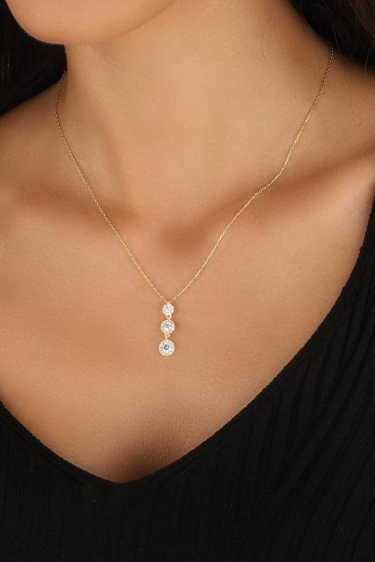 Mistik Silver Dikey Üç Taşlı Gümüş Kolye