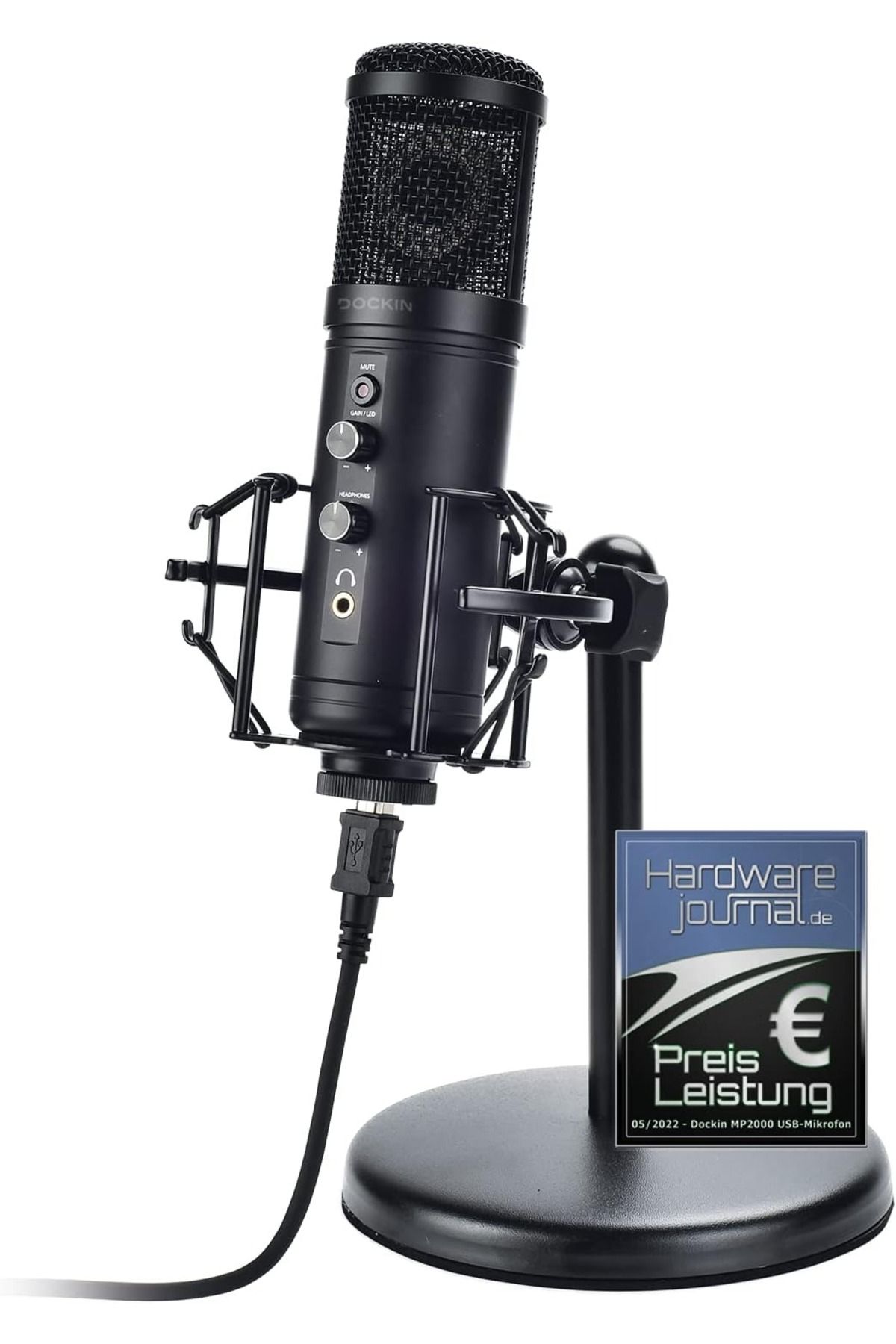 DOCKIN D MP2000 USB Mikrofon, PC ve Mac için 16-bit 48kHz, Sıfır Gecikmeli Monitörlü, Ledli Tripodlu Mikrofon