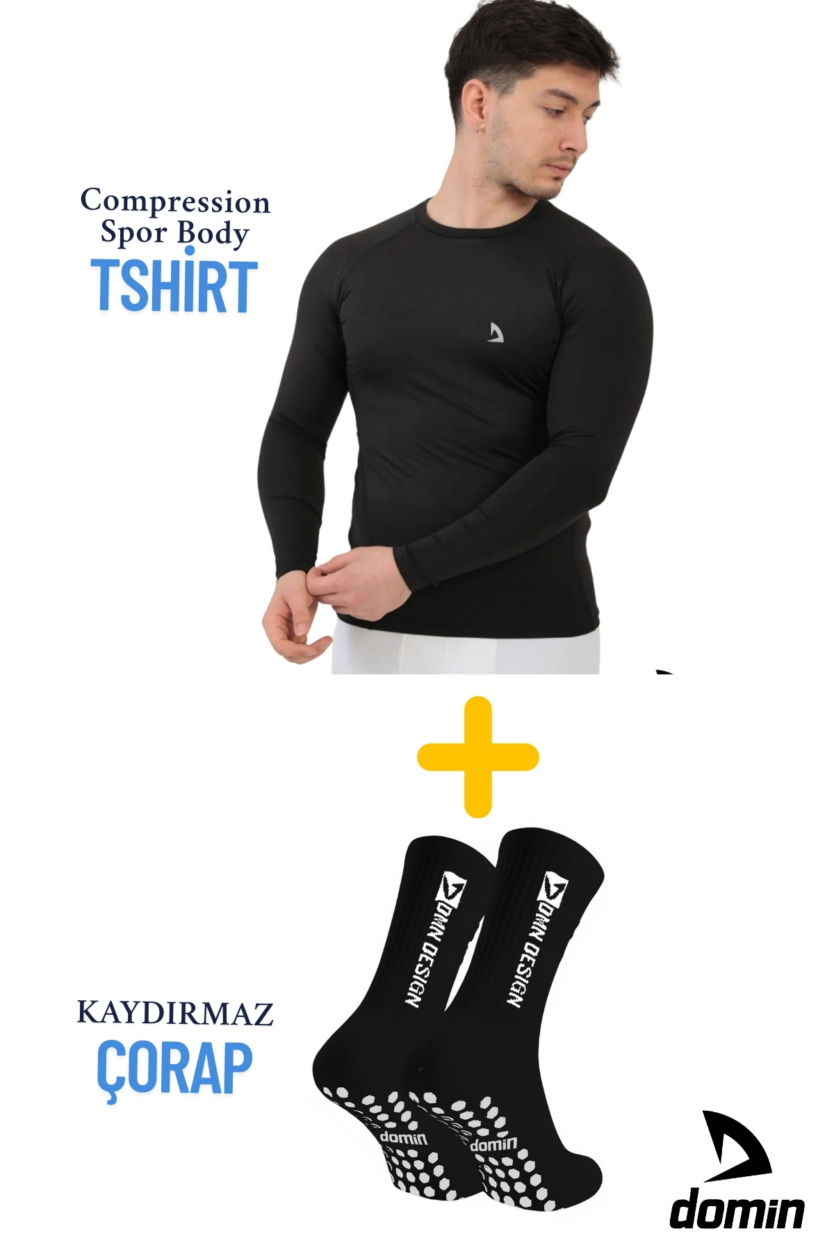 DOMİN SPOR-Men's Black Long Sleeve Compression Fitness Gym Body Tshirt and Sports Socks 4