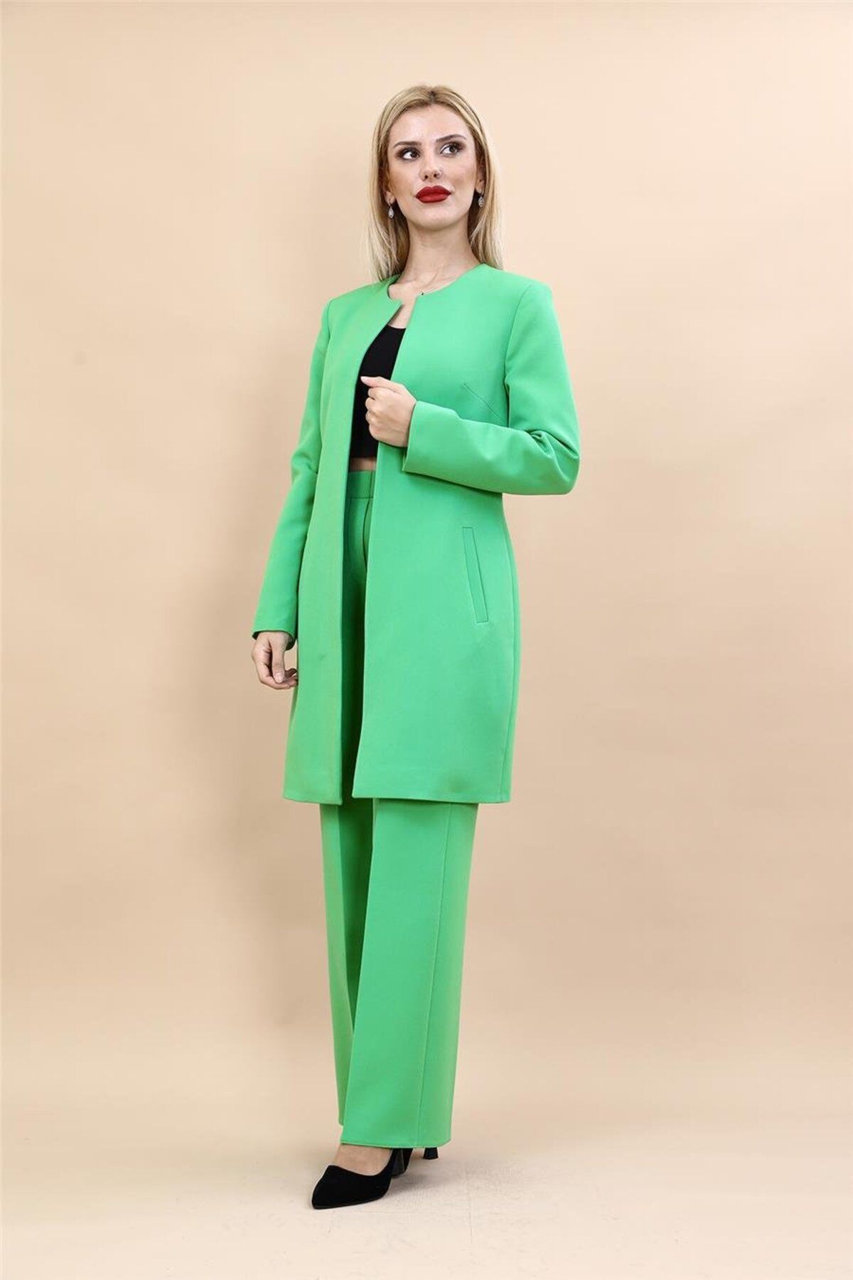 ÖNDER ÖZSOY-Plus Size - Solid Jacket & Wide Leg Pants Set-Green 4