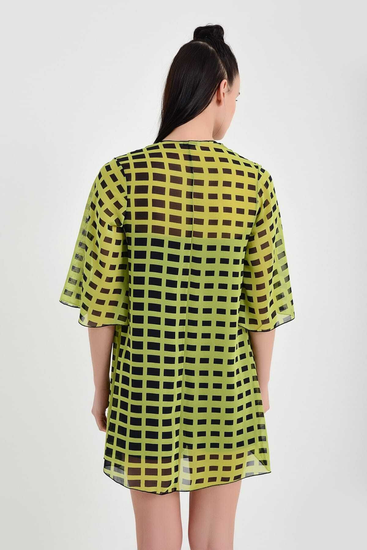 Laranor-Women's Green Patterned Chiffon Kimono 19L6654 3