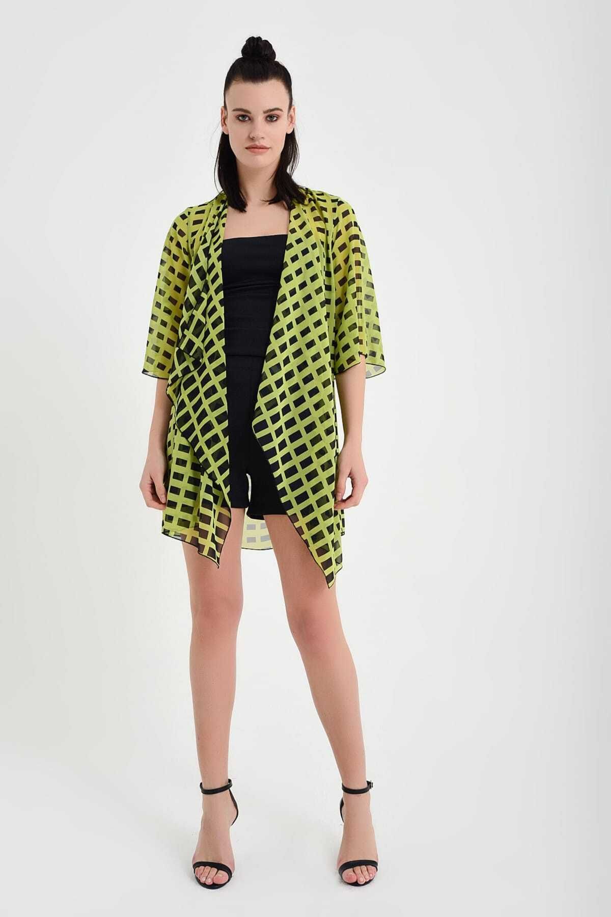 Laranor-Women's Green Patterned Chiffon Kimono 19L6654 2