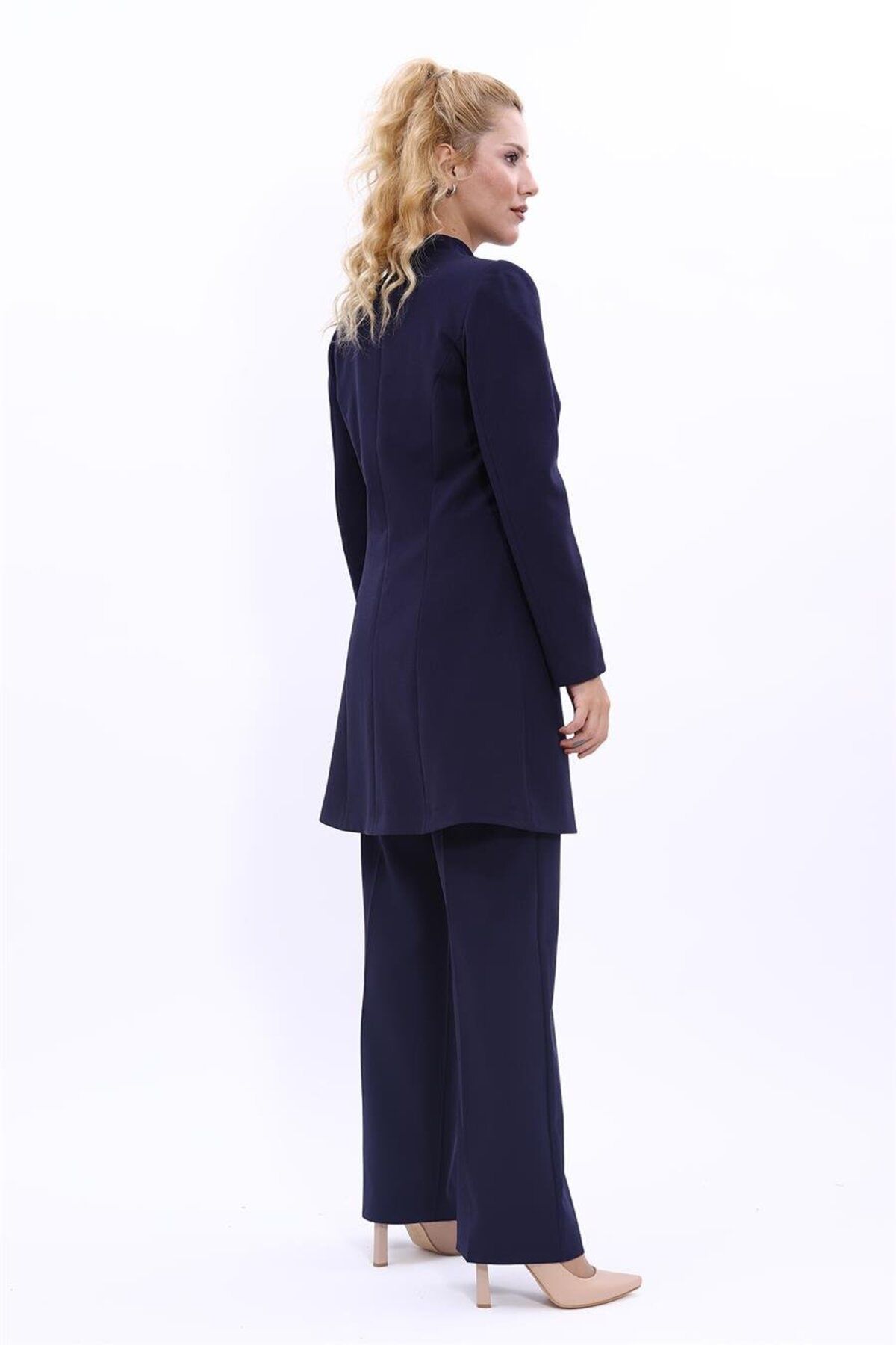 ÖNDER ÖZSOY-Plus Size - Long Collarless Jacket & Wide Leg Pants Set-Navy Blue 1