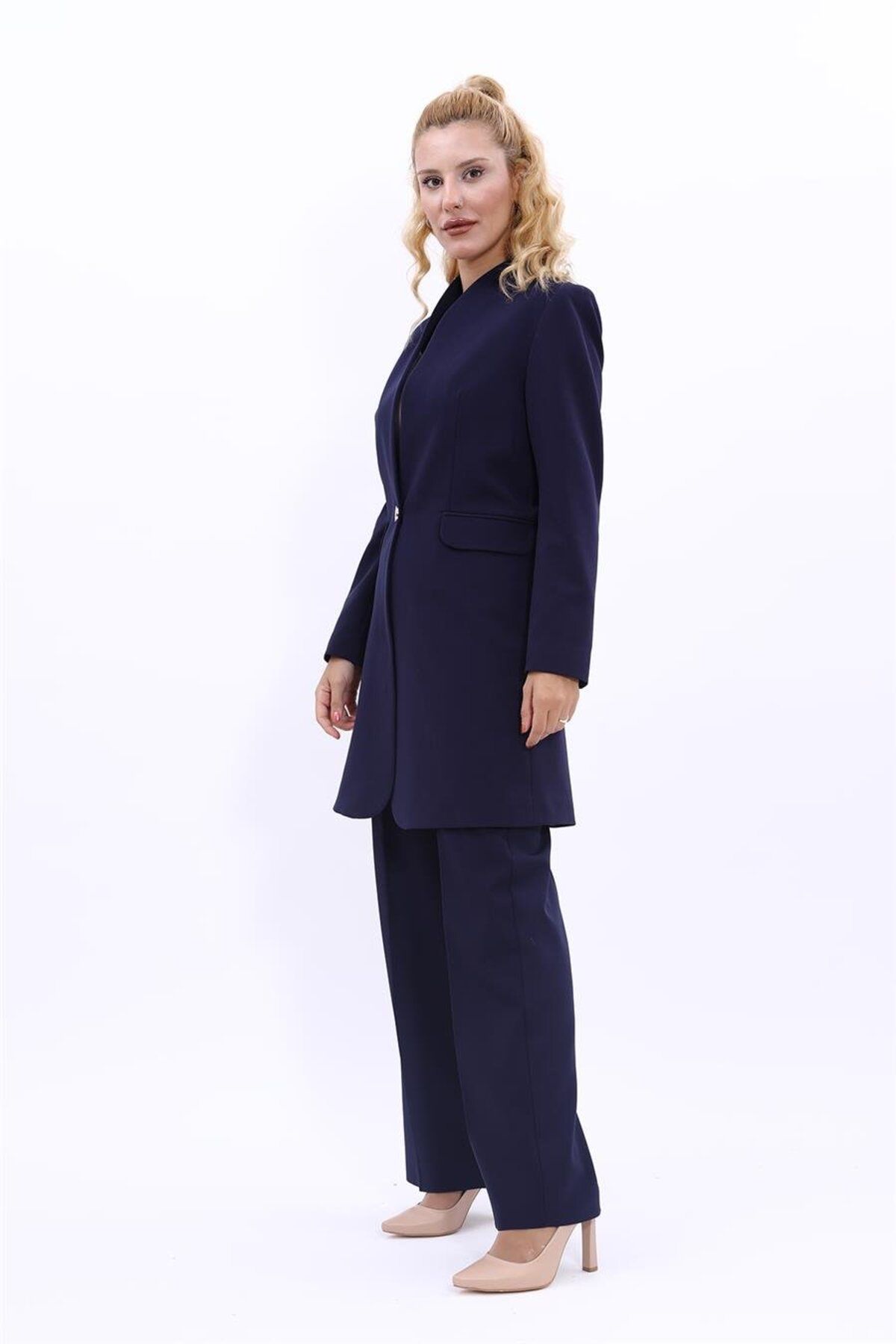 ÖNDER ÖZSOY-Plus Size - Long Collarless Jacket & Wide Leg Pants Set-Navy Blue 2