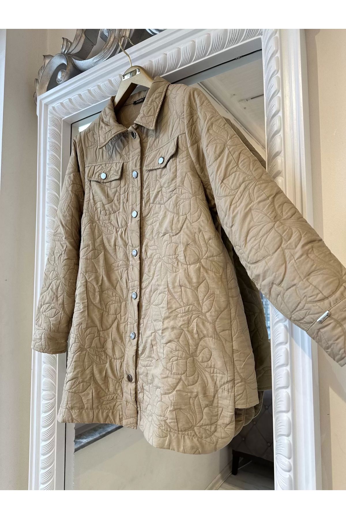 Invee-Invee 6827 Patterned Quilted Jacket - Camel 8