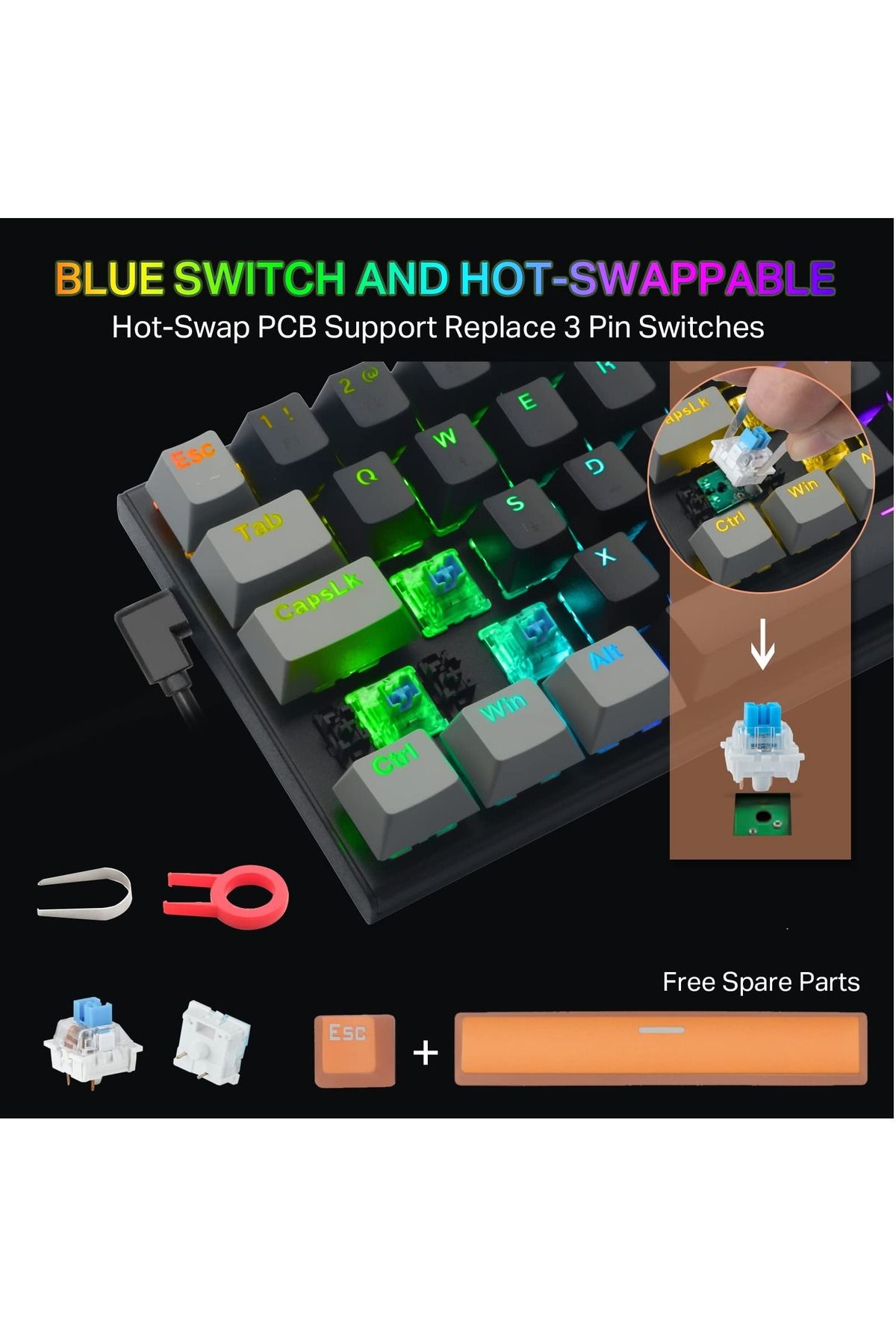 e-yooso-Z-11 61 Keys Mechanical Gaming Keyboard,Blue Switch 60% Wired Compact Keyboard 2