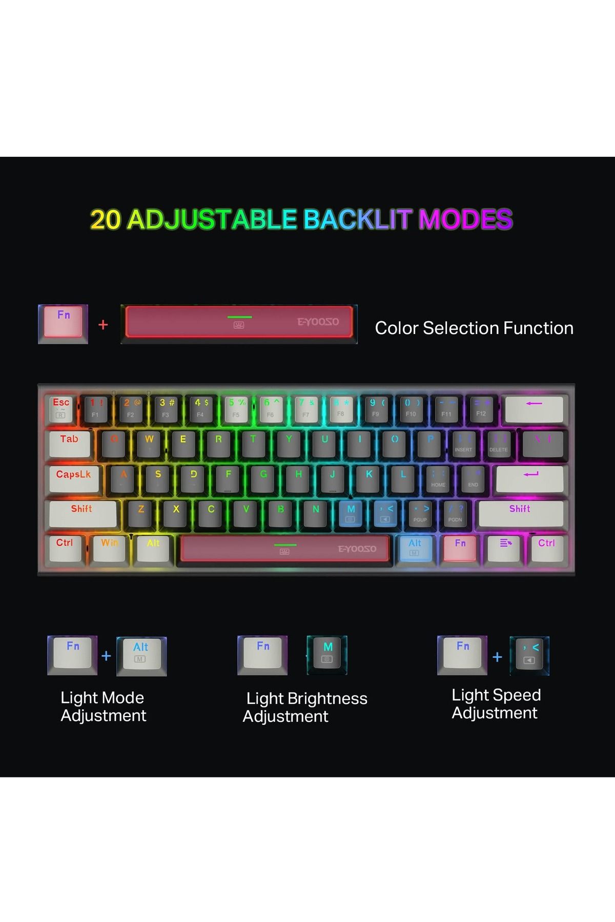 e-yooso-Z-11 61 Keys Mechanical Gaming Keyboard,Blue Switch 60% Wired Compact Keyboard 3