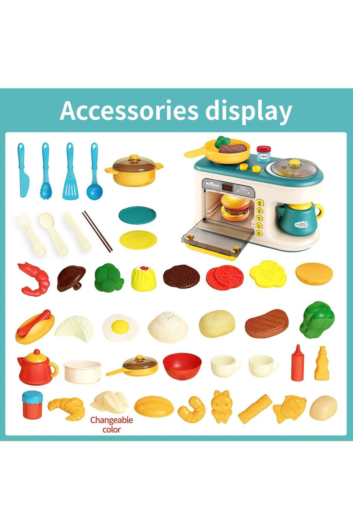 COOYA-Pretend Play Kitchen Toy with Music and Light, Color Changing Play Foods with Oven 6