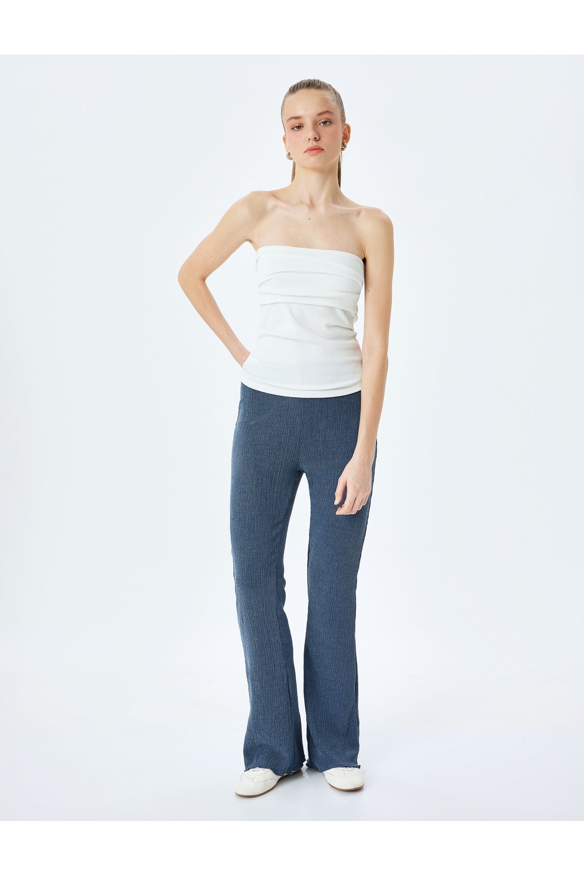Koton Yeni Sezon Yüksek Bel İspanyol Paça Dokulu Skinny Fit Tayt Pantolon Bürümcük
