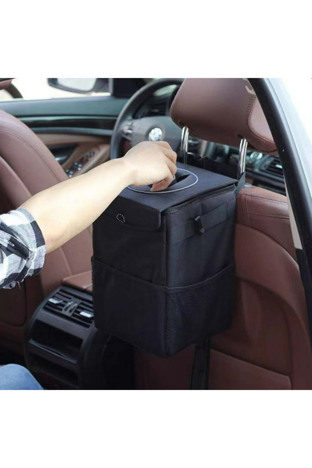 COOYA-6.5L Portable Hanging Car Trash Can, With 3 Mesh Pockets, Waterproof, Bin, for Vehicle Tidy 7