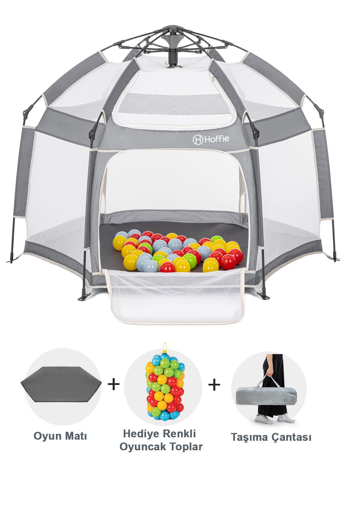 Hoffie Foldy Plus Katlanabilir Bebek Ve Çocuk Oyun Parkı-Alüminyum-Kolay Kurulum,Oyun Matı Ve Toplar