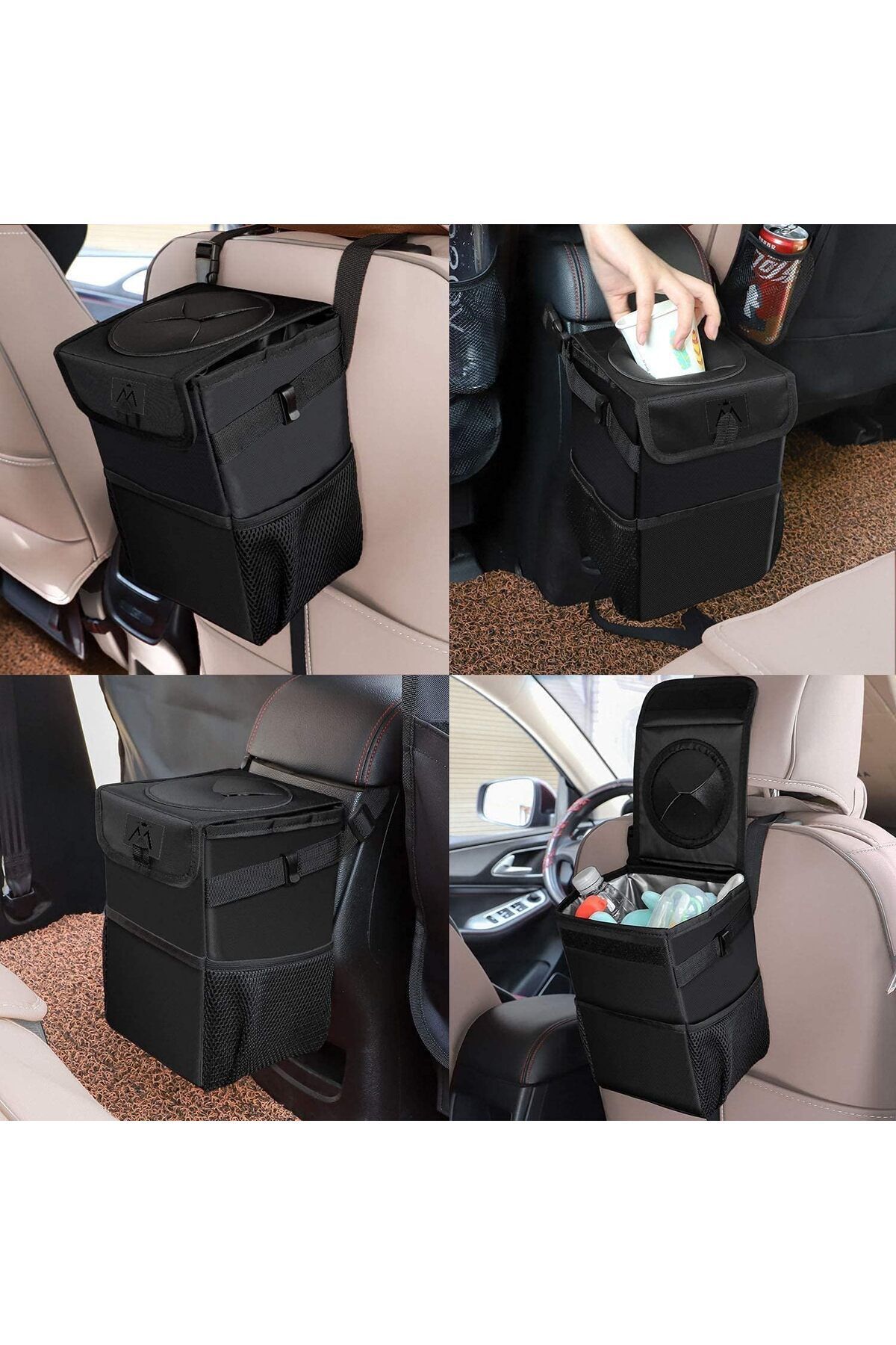 COOYA-6.5L Portable Hanging Car Trash Can, With 3 Mesh Pockets, Waterproof, Bin, for Vehicle Tidy 3