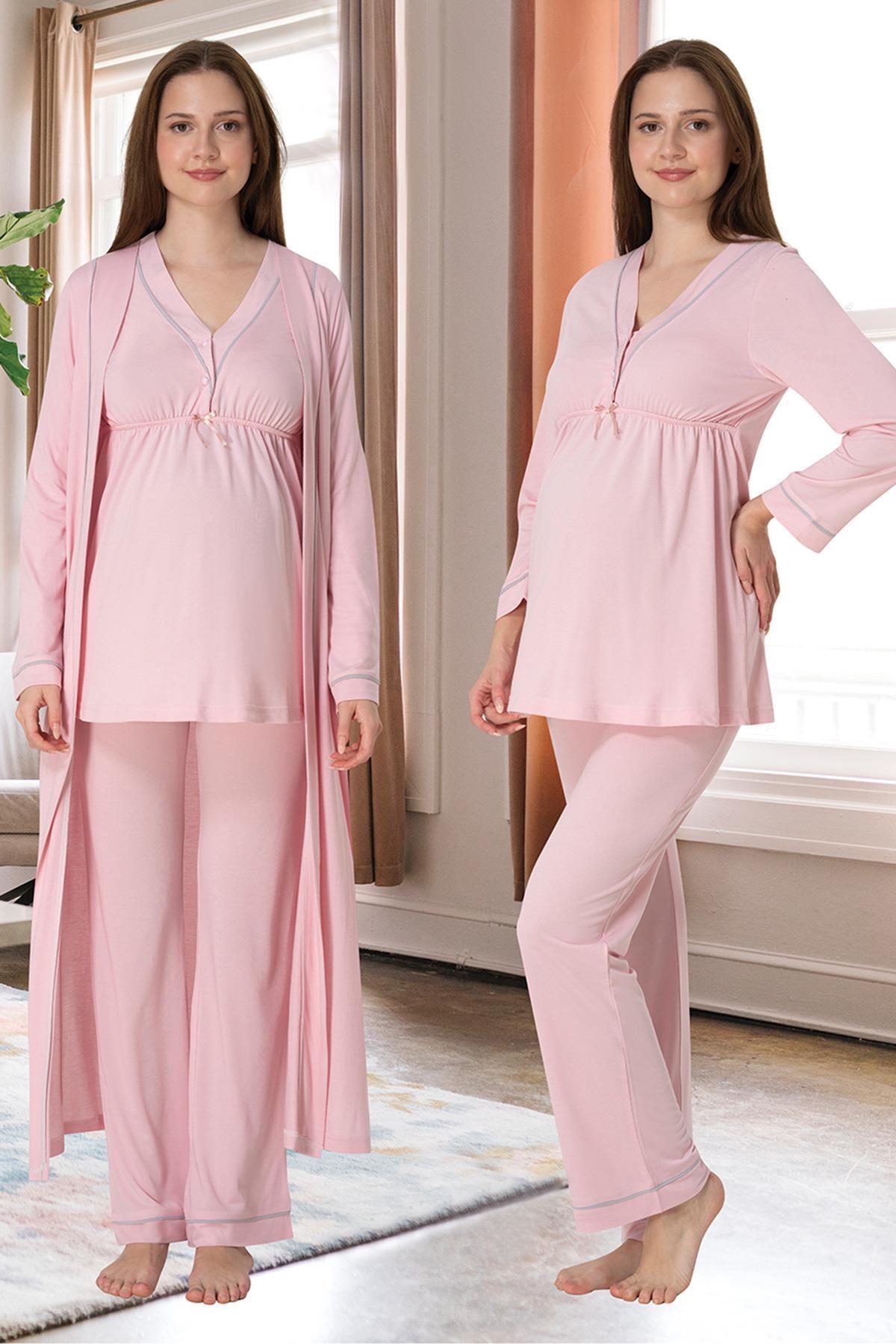 Lohussa Kadın Pembe Özel Tasarım Pamuklu Uzun Kol Hamile Lohusa Sabahlık Pijama Takımı Set