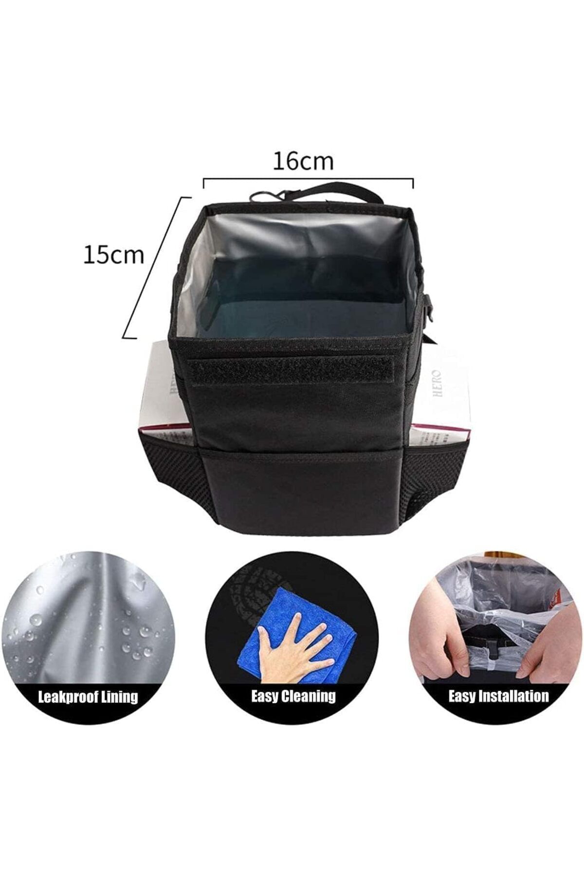 COOYA-6.5L Portable Hanging Car Trash Can, With 3 Mesh Pockets, Waterproof, Bin, for Vehicle Tidy 4