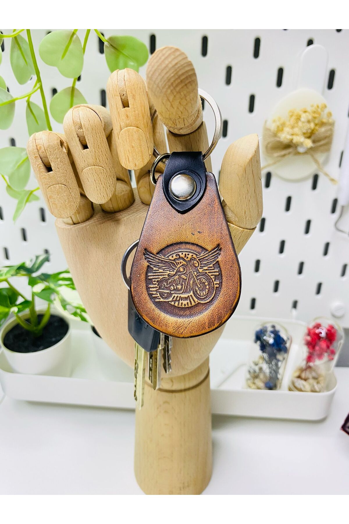 Genuine Leather Printed Handmade Keychain ( Winged Motorcycle Figure)