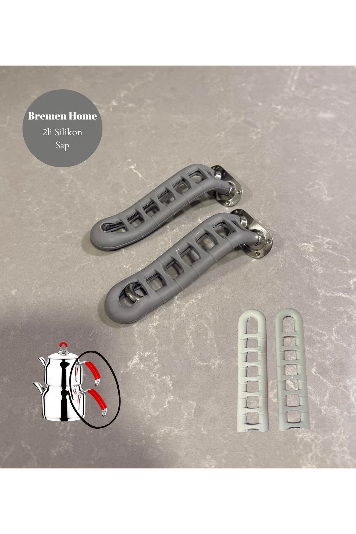 Bremen Home 2li Silikon Sap Çelik Saplı Çaydanlıklar için Tutacak (Gri 12cm)