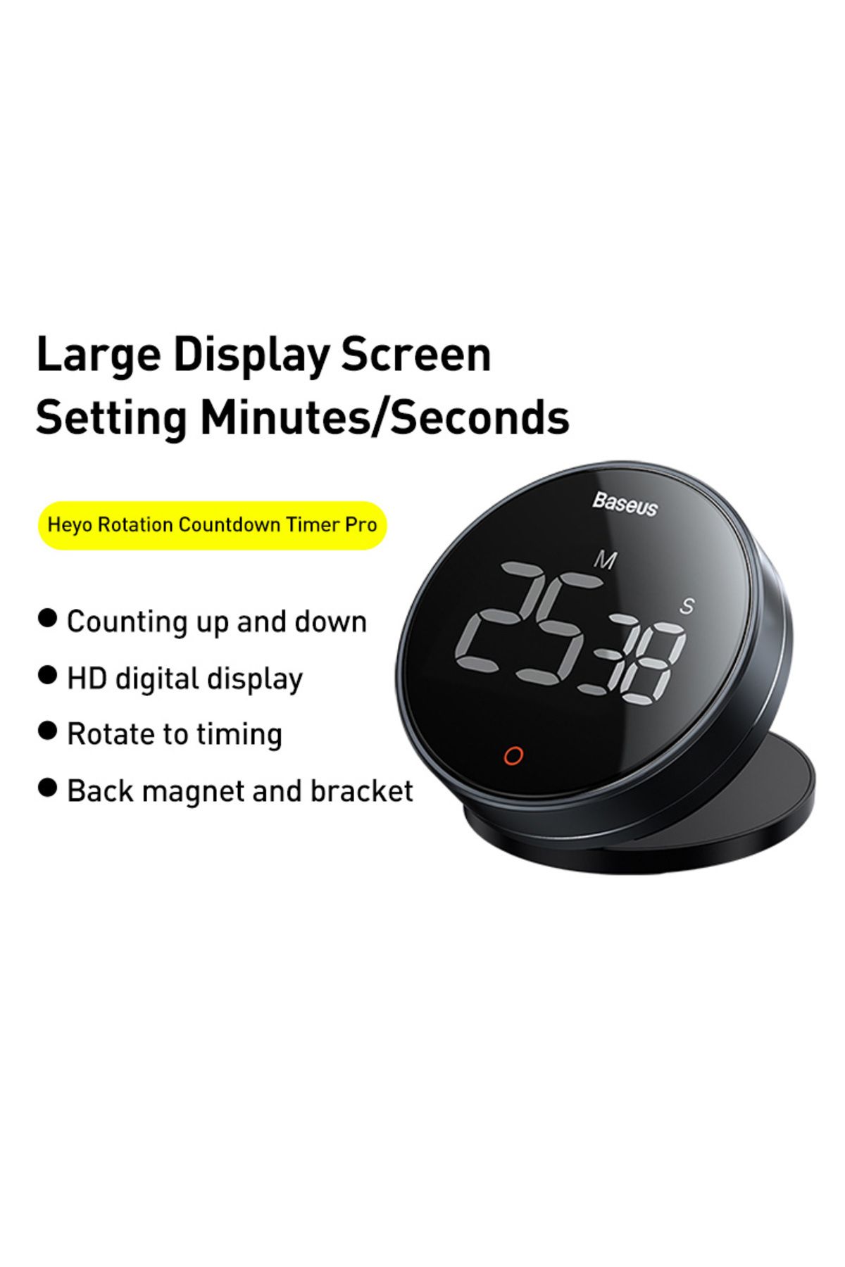 Baseus-Black Baseus Magnetic Countdown Alarm Clock Kitchen Timer Manual Digital Timer Stand Desk Clock Cook 2