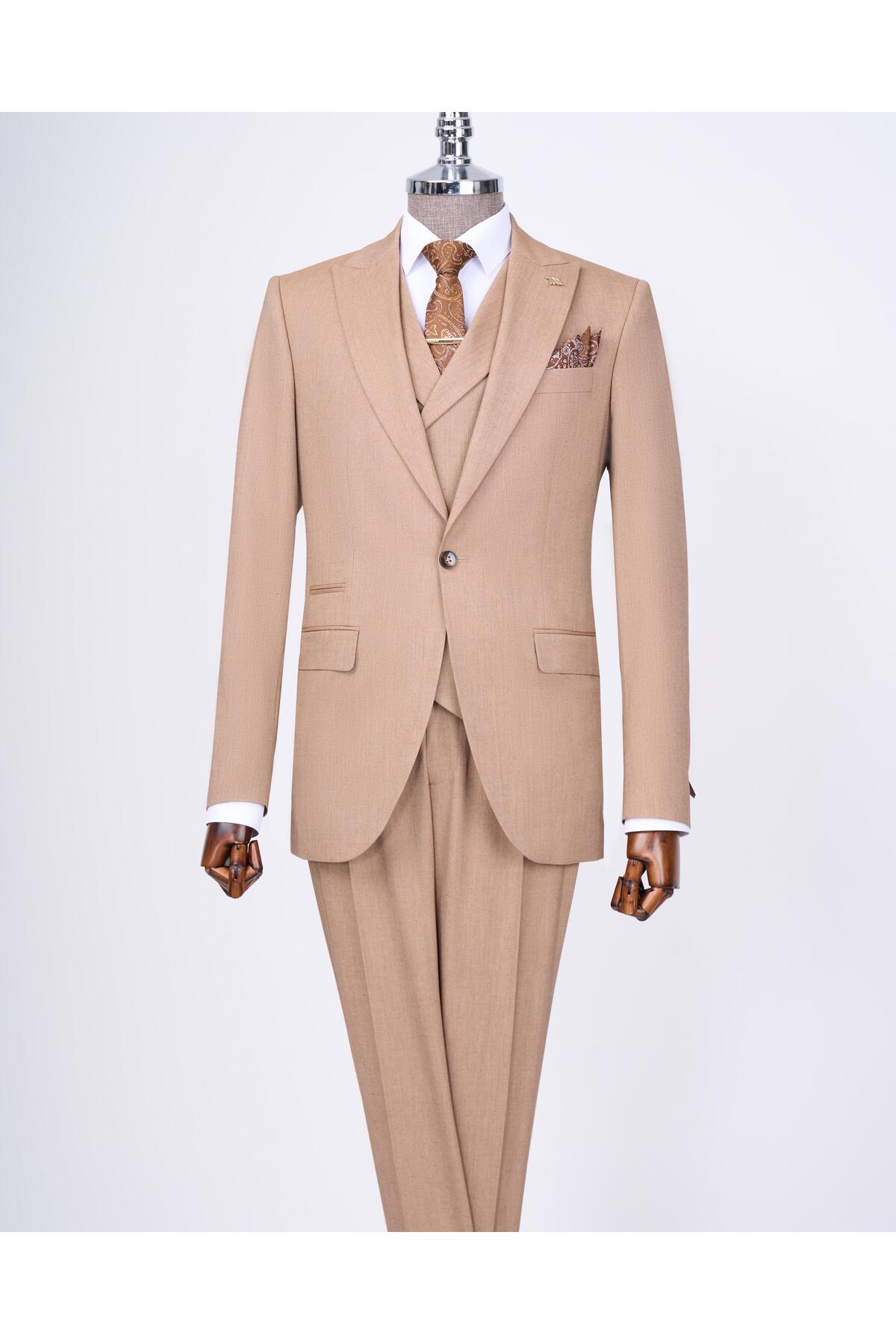 TerziAdemAltun İtalyan stil ceket yelek pantolon takım elbise camel T12820 görsel 3