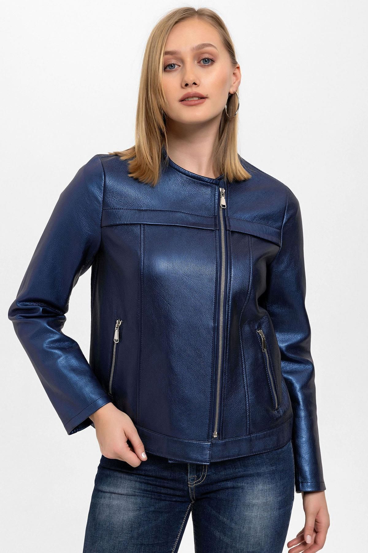 Deriderim-Navy Blue Floral Printed Women's Genuine Leather Coat 2
